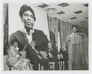 Primary view of object titled '[Barbara Jordan, Mack Hannah, and Lyndon B. Johnson On Stage]'.