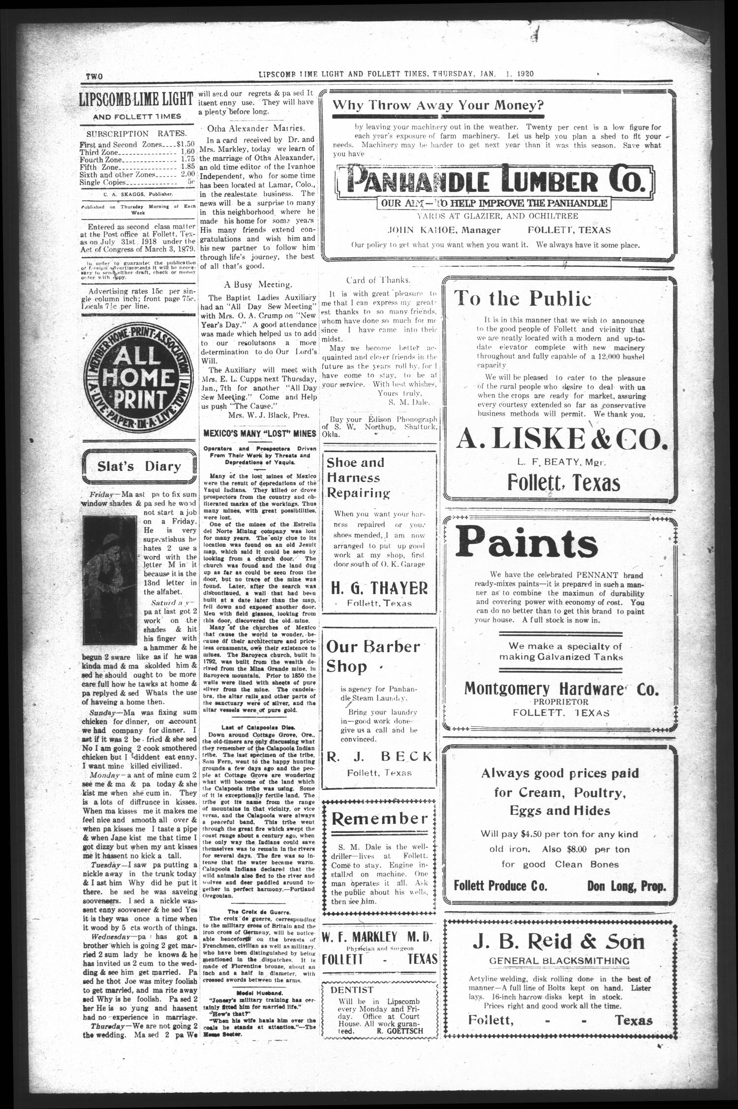 Lipscomb Lime Light and Follett Times (Follett, Tex.), Vol. 8, No. 7, Ed. 1 Thursday, January 1, 1920
                                                
                                                    [Sequence #]: 2 of 6
                                                