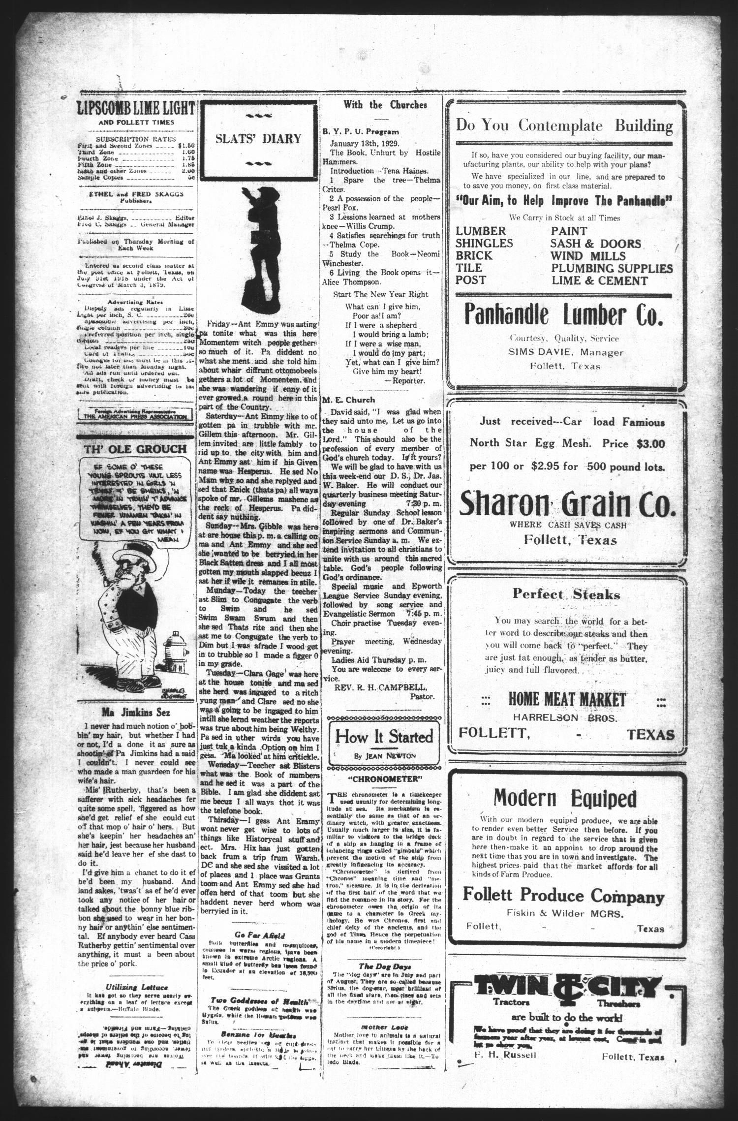 Lipscomb Lime Light and Follett Times (Follett, Tex.), Vol. 17, No. 9, Ed. 1 Thursday, January 10, 1929
                                                
                                                    [Sequence #]: 2 of 8
                                                