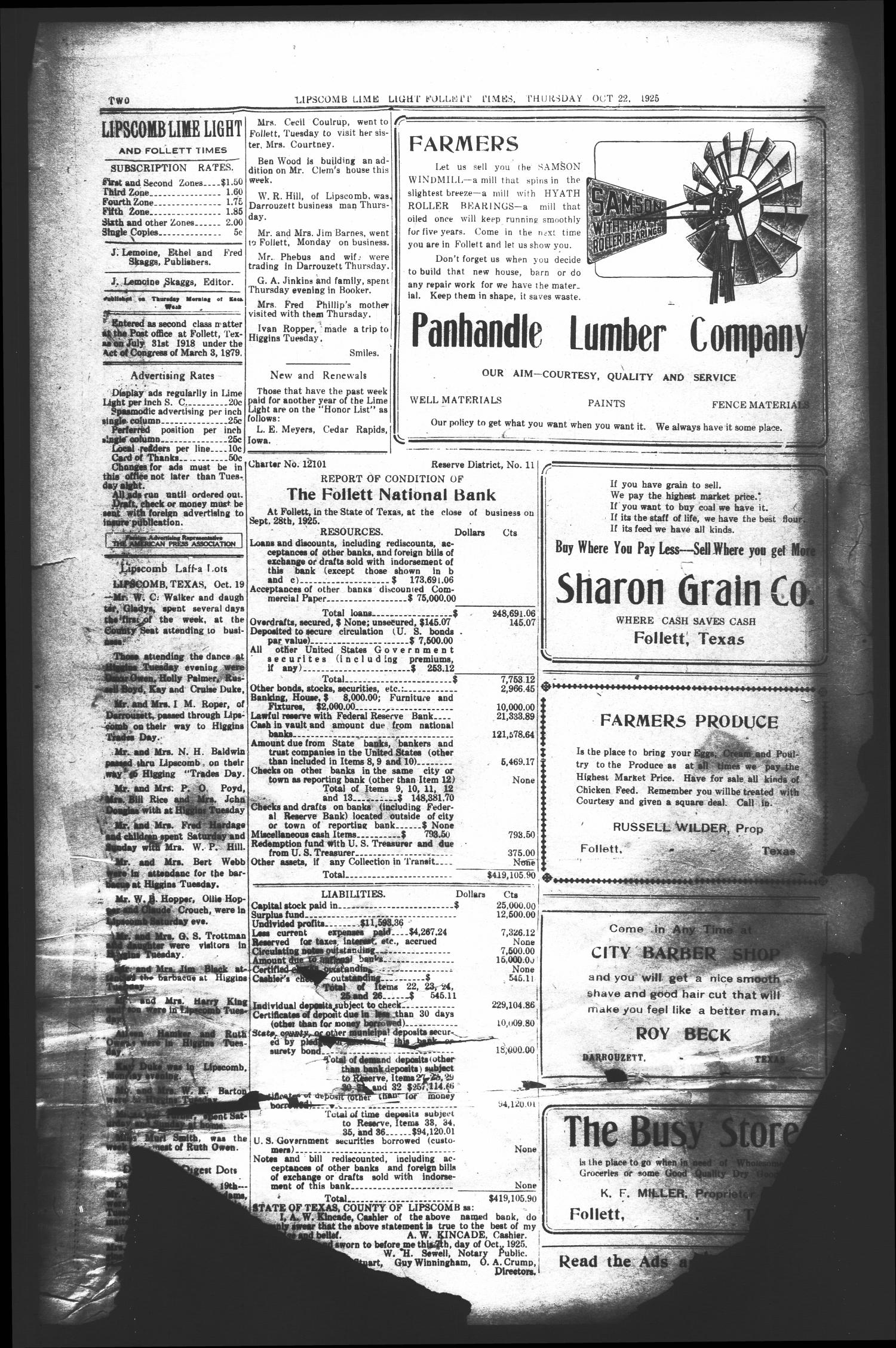 Lipscomb Lime Light and Follett Times (Follett, Tex.), Vol. 13, No. 49, Ed. 1 Thursday, October 22, 1925
                                                
                                                    [Sequence #]: 2 of 6
                                                