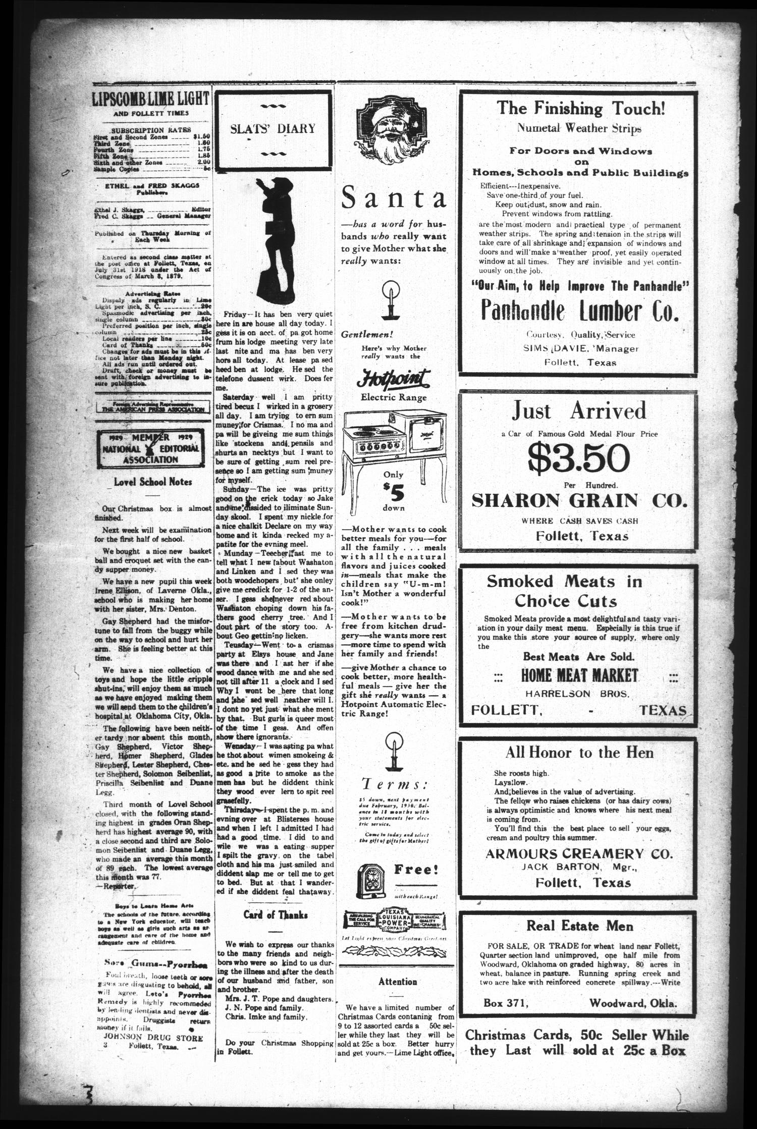 Lipscomb Lime Light and Follett Times (Follett, Tex.), Vol. 18, No. 6, Ed. 1 Thursday, December 19, 1929
                                                
                                                    [Sequence #]: 2 of 6
                                                
