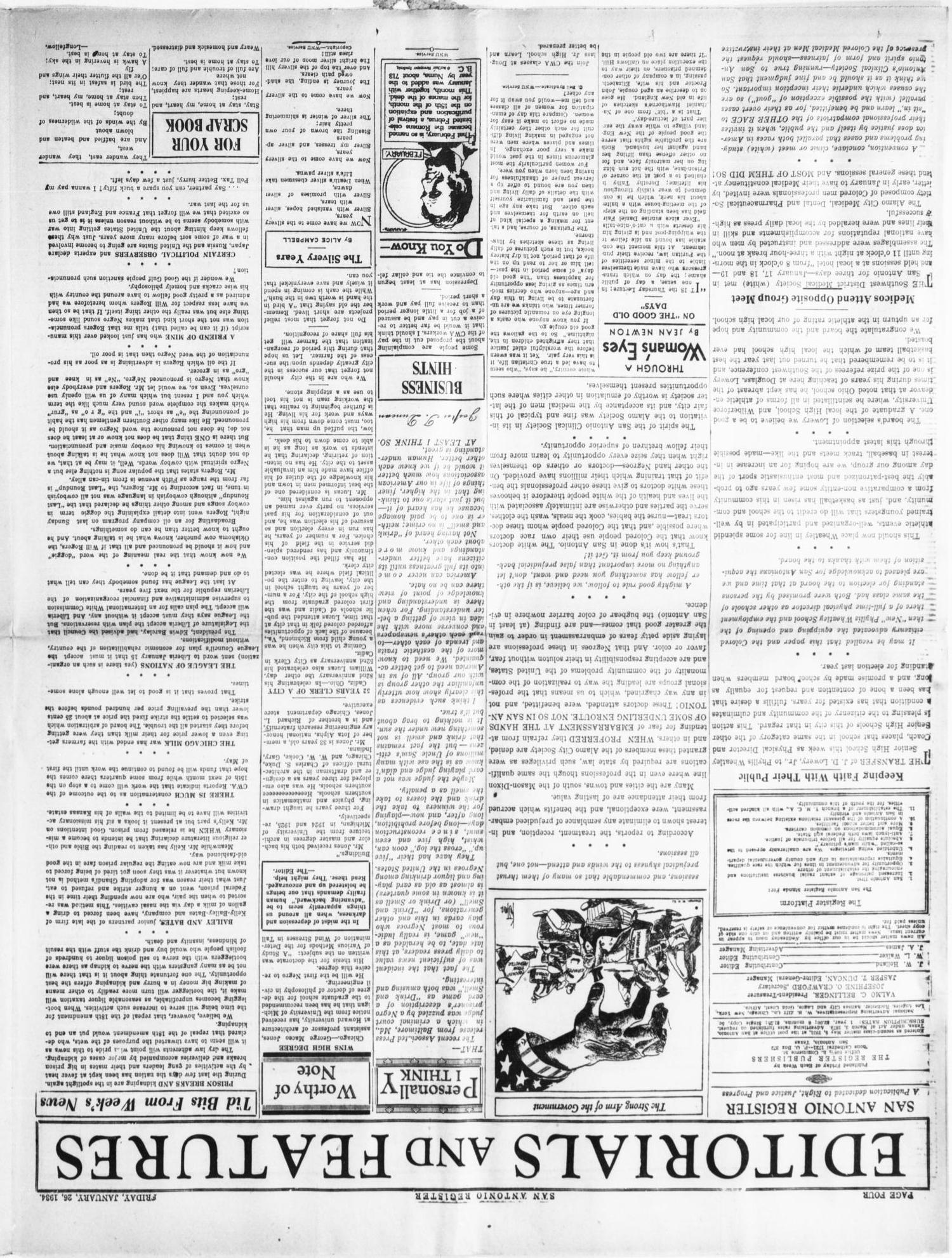 San Antonio Register (San Antonio, Tex.), Vol. 3, No. 43, Ed. 1 Friday, January 26, 1934
                                                
                                                    [Sequence #]: 4 of 8
                                                