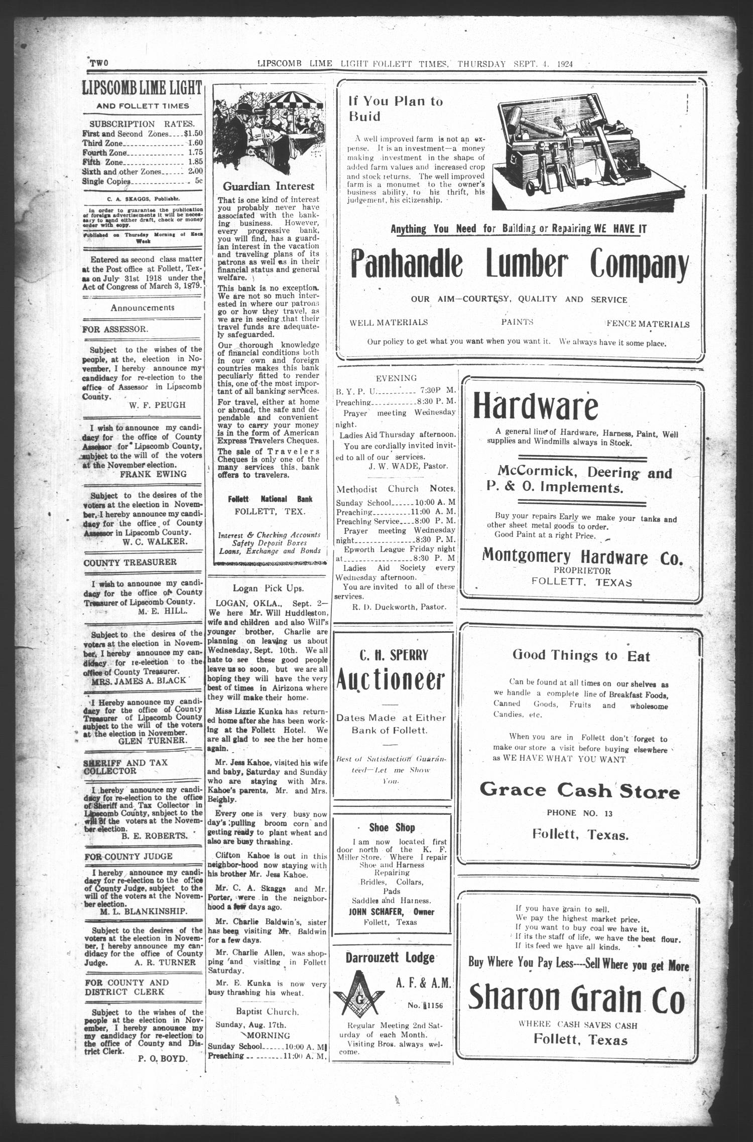Lipscomb Lime Light and Follett Times (Follett, Tex.), Vol. 12, No. 43, Ed. 1 Thursday, September 4, 1924
                                                
                                                    [Sequence #]: 2 of 8
                                                