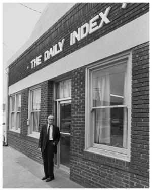 Primary view of object titled '[Bill Cameron in Front of Old "Index" Building]'.