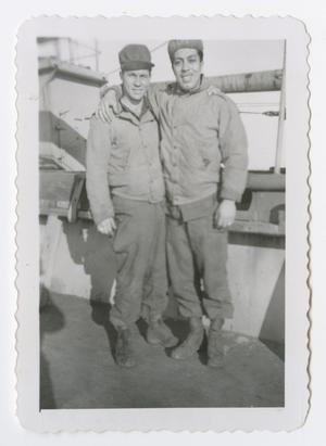 Primary view of object titled '[Terrell and Piscitelli on S.S. Sidney Hampton]'.