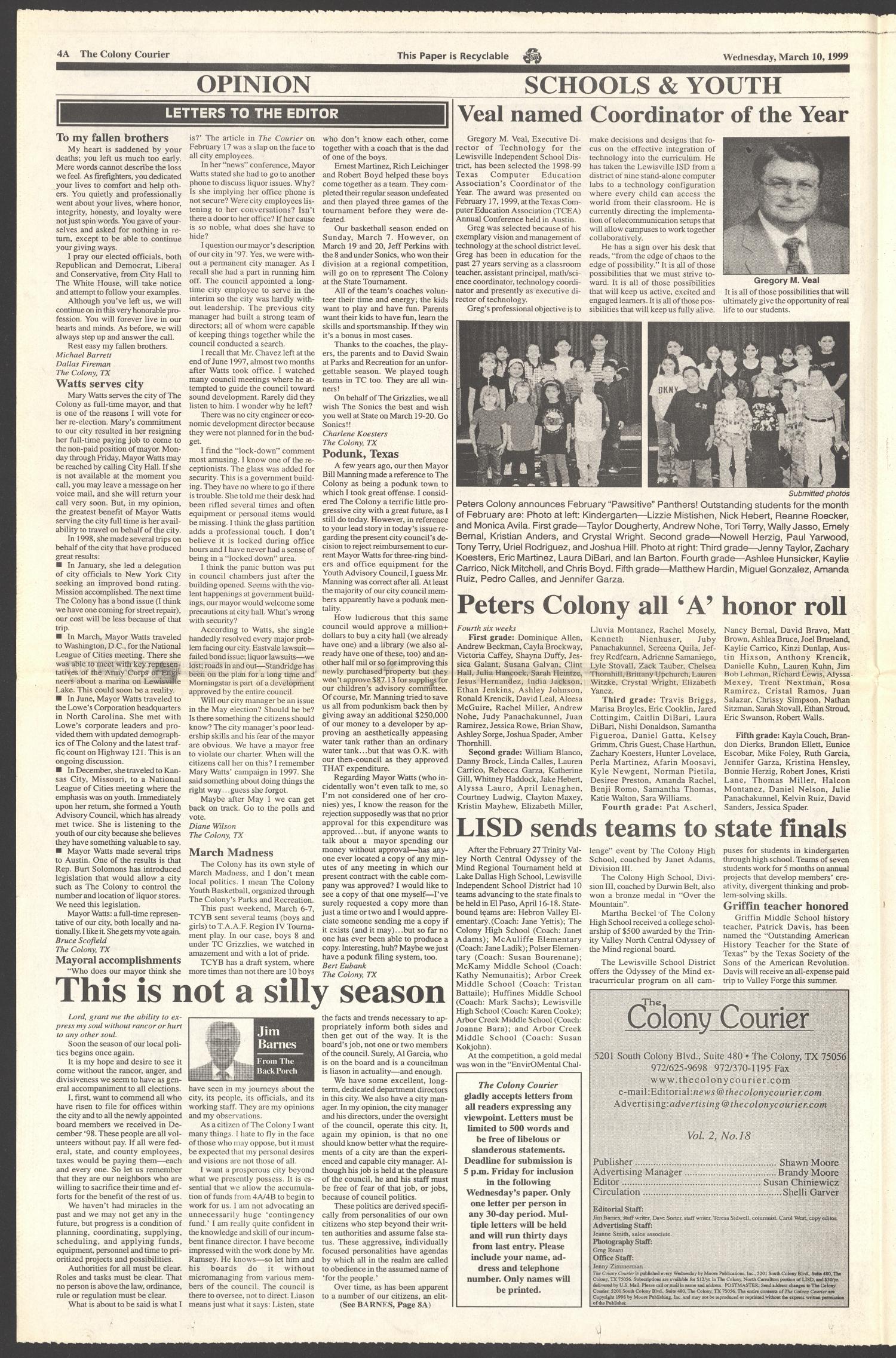 The Colony Courier (The Colony, Tex.), Vol. 2, No. 18, Ed. 1 Wednesday, March 10, 1999
                                                
                                                    [Sequence #]: 4 of 12
                                                