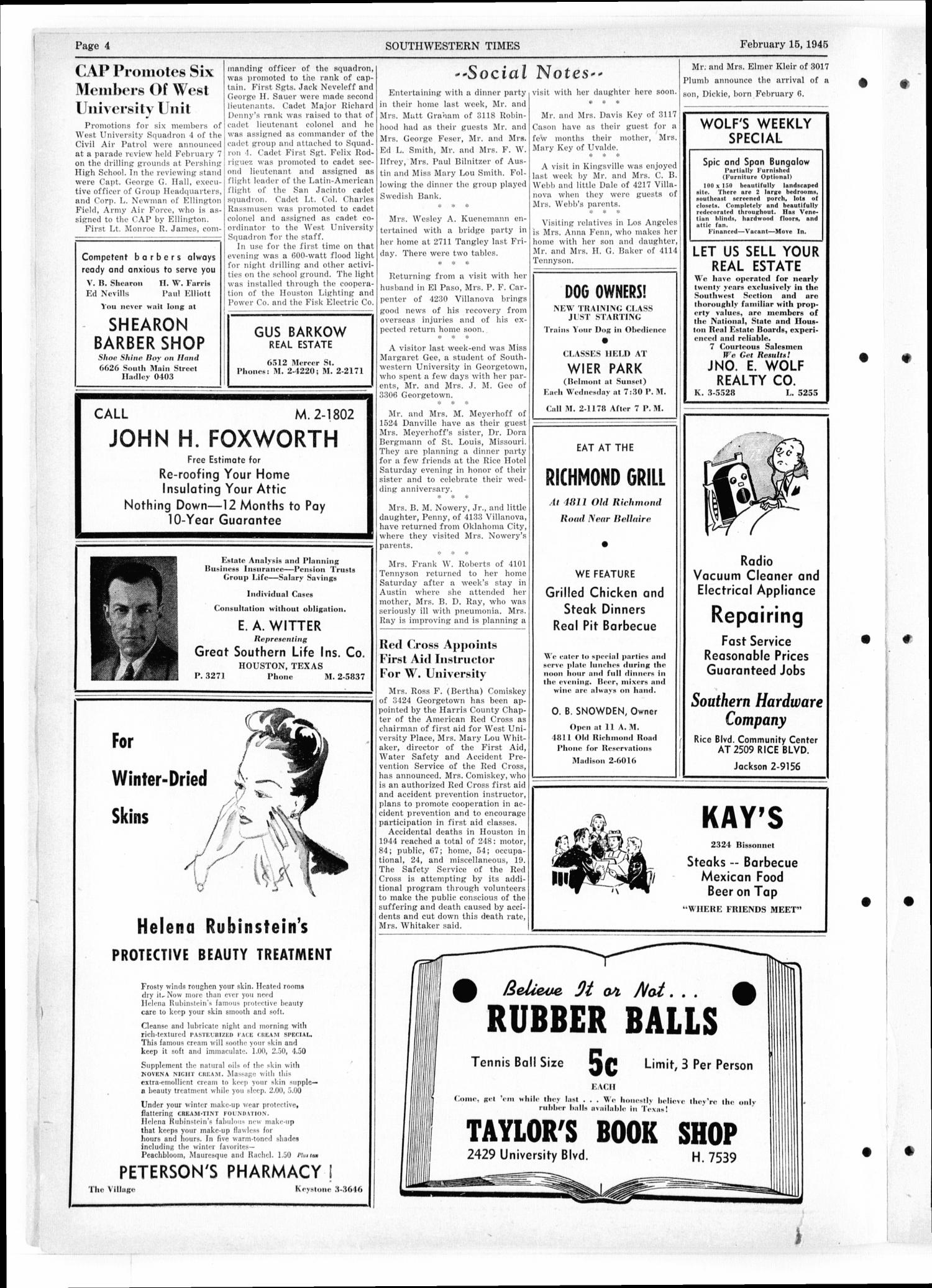 Southwestern Times (Houston, Tex.), Vol. 1, No. 21, Ed. 1 Thursday, February 15, 1945
                                                
                                                    [Sequence #]: 4 of 8
                                                