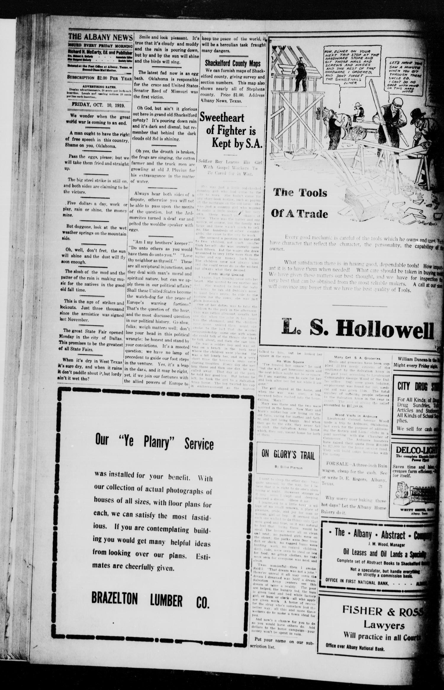 The Albany News (Albany, Tex.), Vol. 36, No. 17, Ed. 1 Friday, October 10, 1919
                                                
                                                    [Sequence #]: 4 of 10
                                                