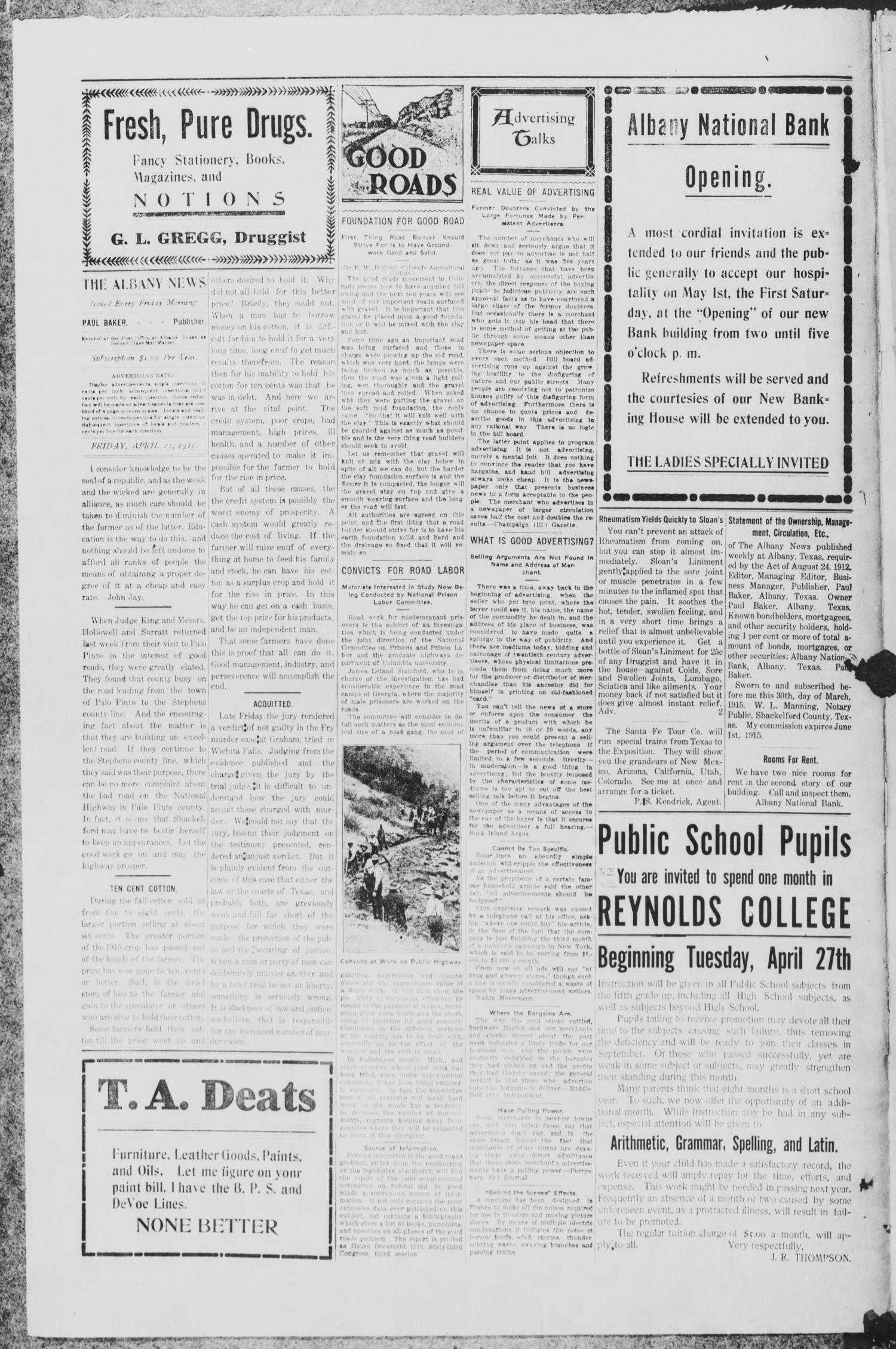 The Albany News (Albany, Tex.), Vol. 31, No. 46, Ed. 1 Friday, April 23, 1915
                                                
                                                    [Sequence #]: 2 of 6
                                                