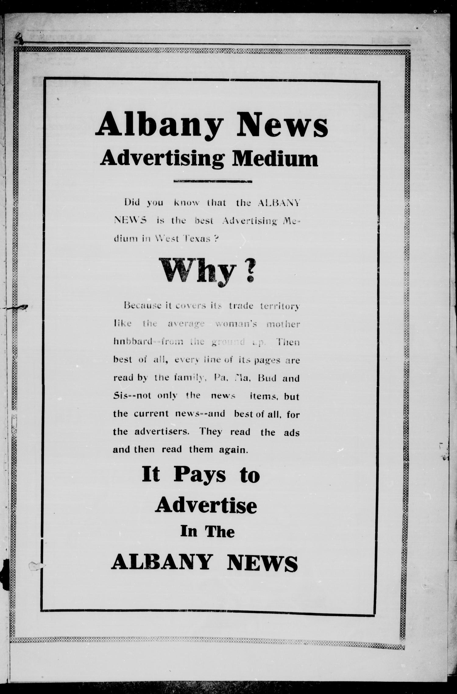 The Albany News (Albany, Tex.), Vol. 41, No. 4, Ed. 1 Friday, August 1, 1924
                                                
                                                    [Sequence #]: 3 of 8
                                                