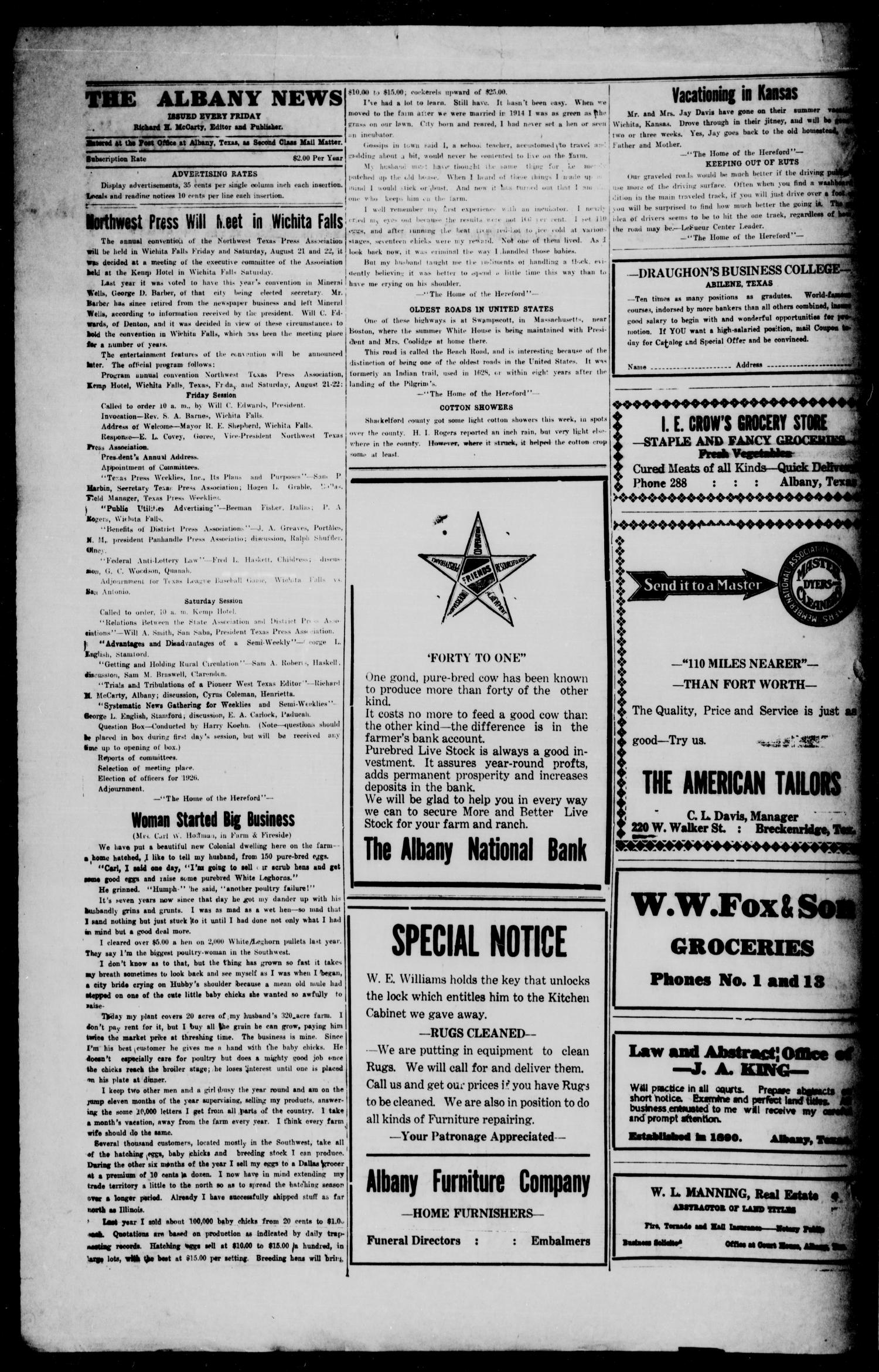 The Albany News (Albany, Tex.), Vol. 41, No. [54], Ed. 1 Friday, August 14, 1925
                                                
                                                    [Sequence #]: 4 of 8
                                                