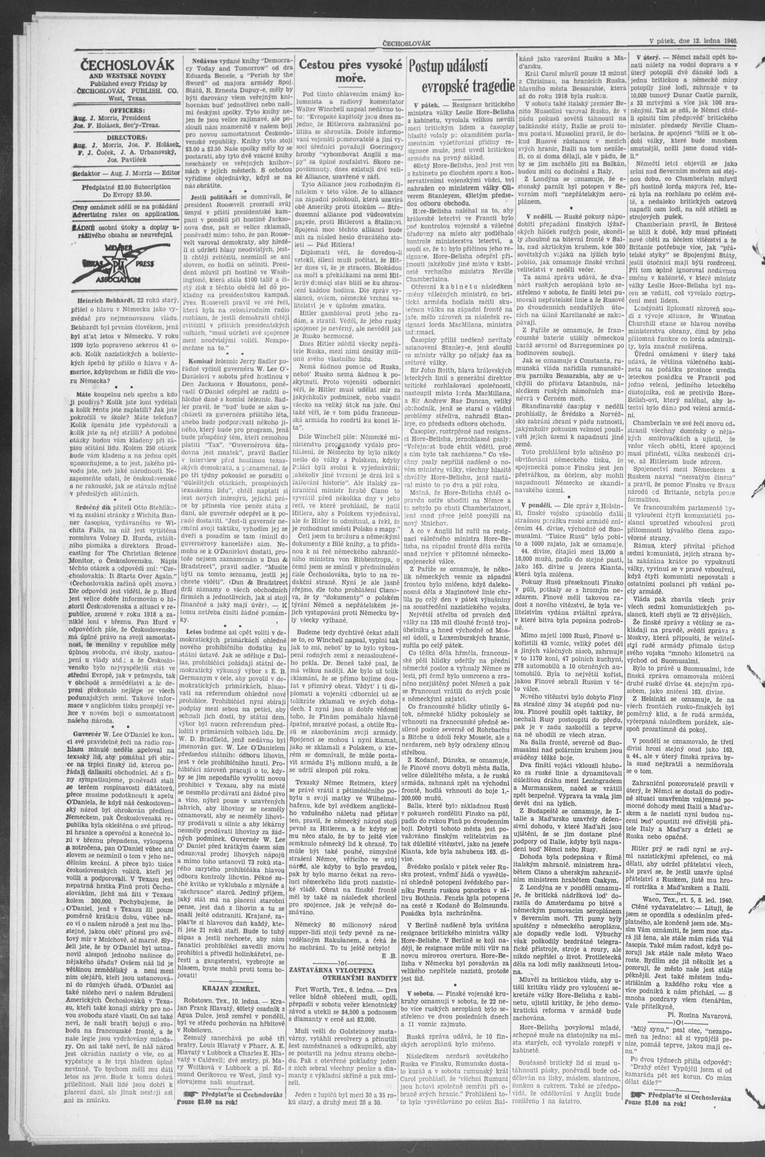 Čechoslovák and Westske Noviny (West, Tex.), Vol. 29, No. 2, Ed. 1 Friday, January 12, 1940
                                                
                                                    [Sequence #]: 4 of 8
                                                