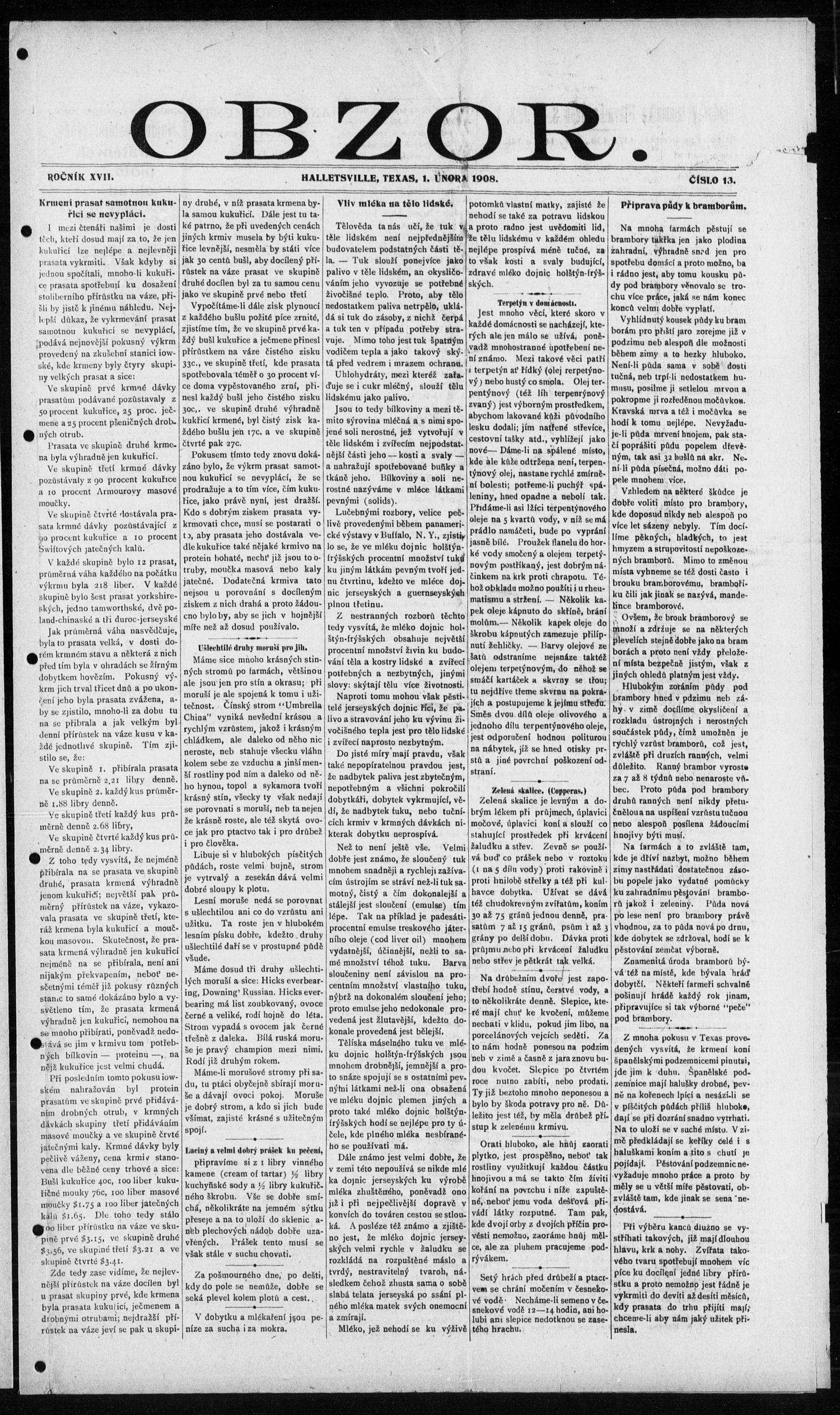 Obzor. (Hallettsville, Tex.), Vol. 17, No. 13, Ed. 1 Saturday, February 1, 1908
                                                
                                                    [Sequence #]: 1 of 8
                                                