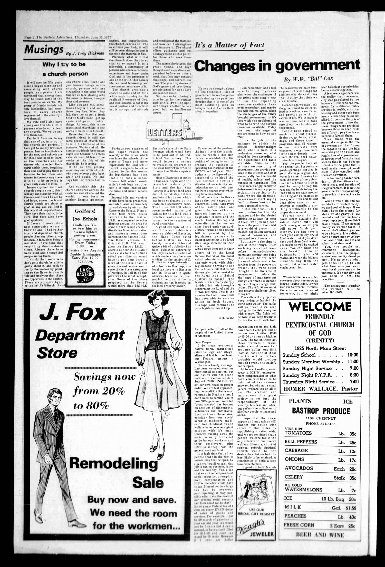 Bastrop Advertiser (Bastrop, Tex.), No. 16, Ed. 1 Thursday, June 16, 1977
                                                
                                                    [Sequence #]: 2 of 20
                                                