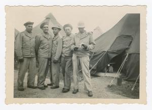 Primary view of object titled '[Five Soldiers Standing Togehter in Front of Tents]'.