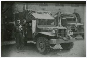 Primary view of object titled '[Carrol Starkey, Harry Barker, and Gus Mellas with Dodge Truck]'.