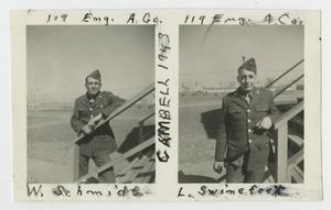 Primary view of object titled '[Schmidt and Schwinefort on Stairs at Camp Campbell]'.