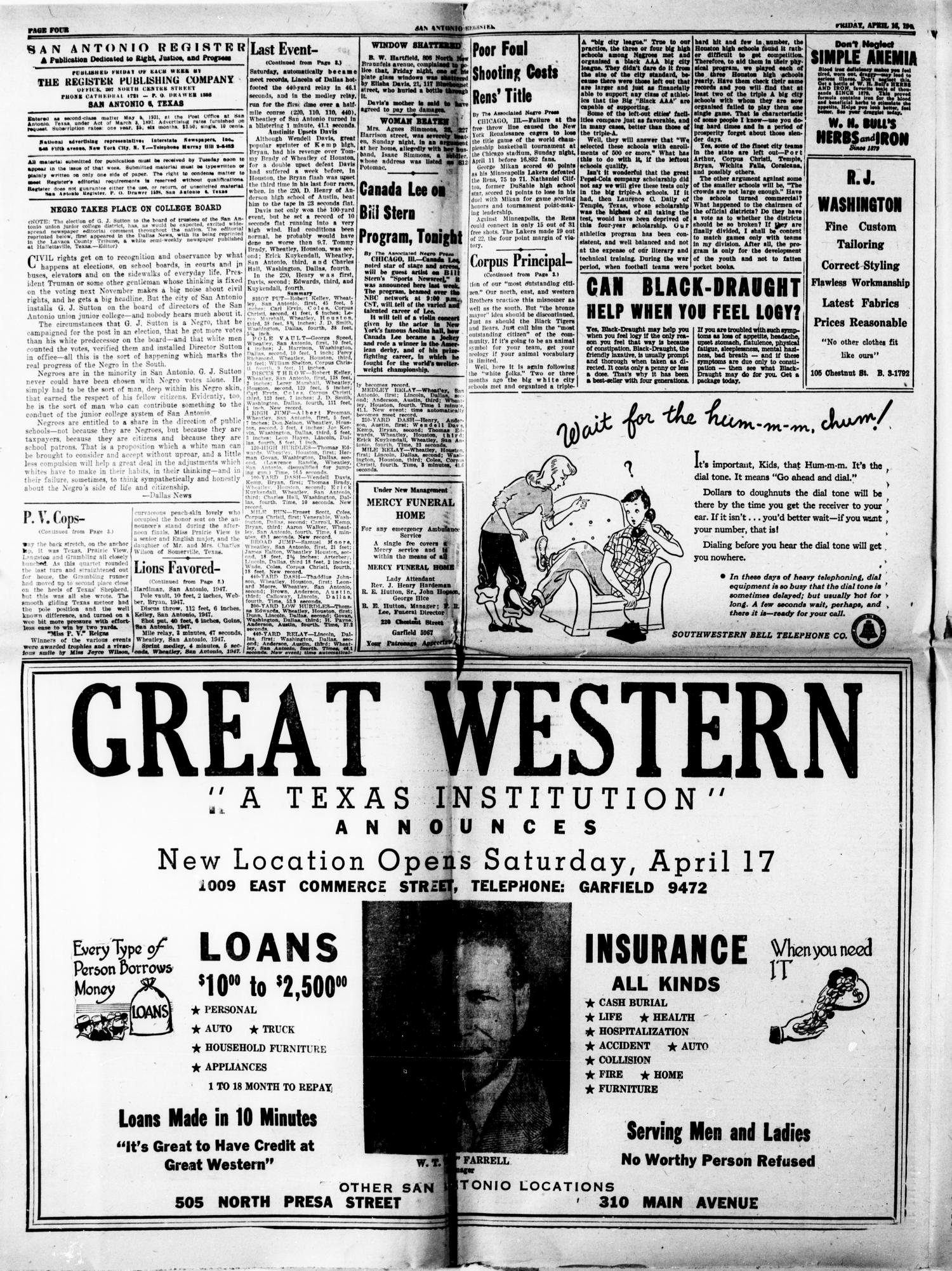San Antonio Register (San Antonio, Tex.), Vol. 18, No. 13, Ed. 1 Friday, April 16, 1948
                                                
                                                    [Sequence #]: 4 of 12
                                                