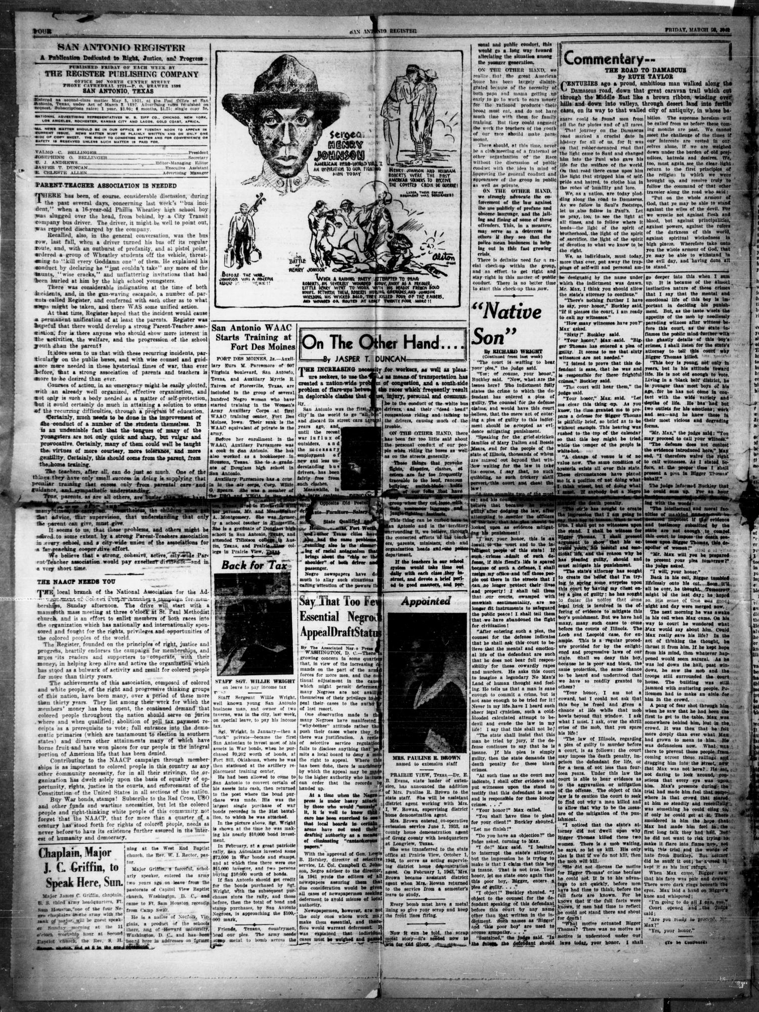 San Antonio Register (San Antonio, Tex.), Vol. 13, No. 8, Ed. 1 Friday, March 26, 1943
                                                
                                                    [Sequence #]: 4 of 8
                                                