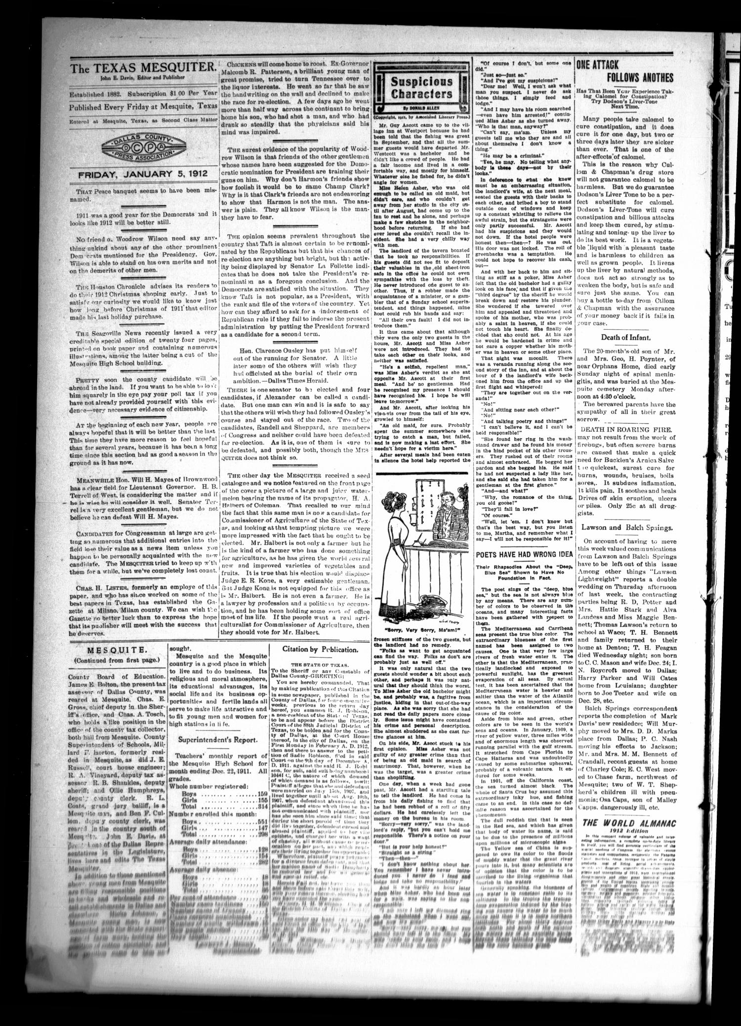 The Texas Mesquiter. (Mesquite, Tex.), Vol. 30, No. 28, Ed. 1 Friday, January 5, 1912
                                                
                                                    [Sequence #]: 4 of 8
                                                