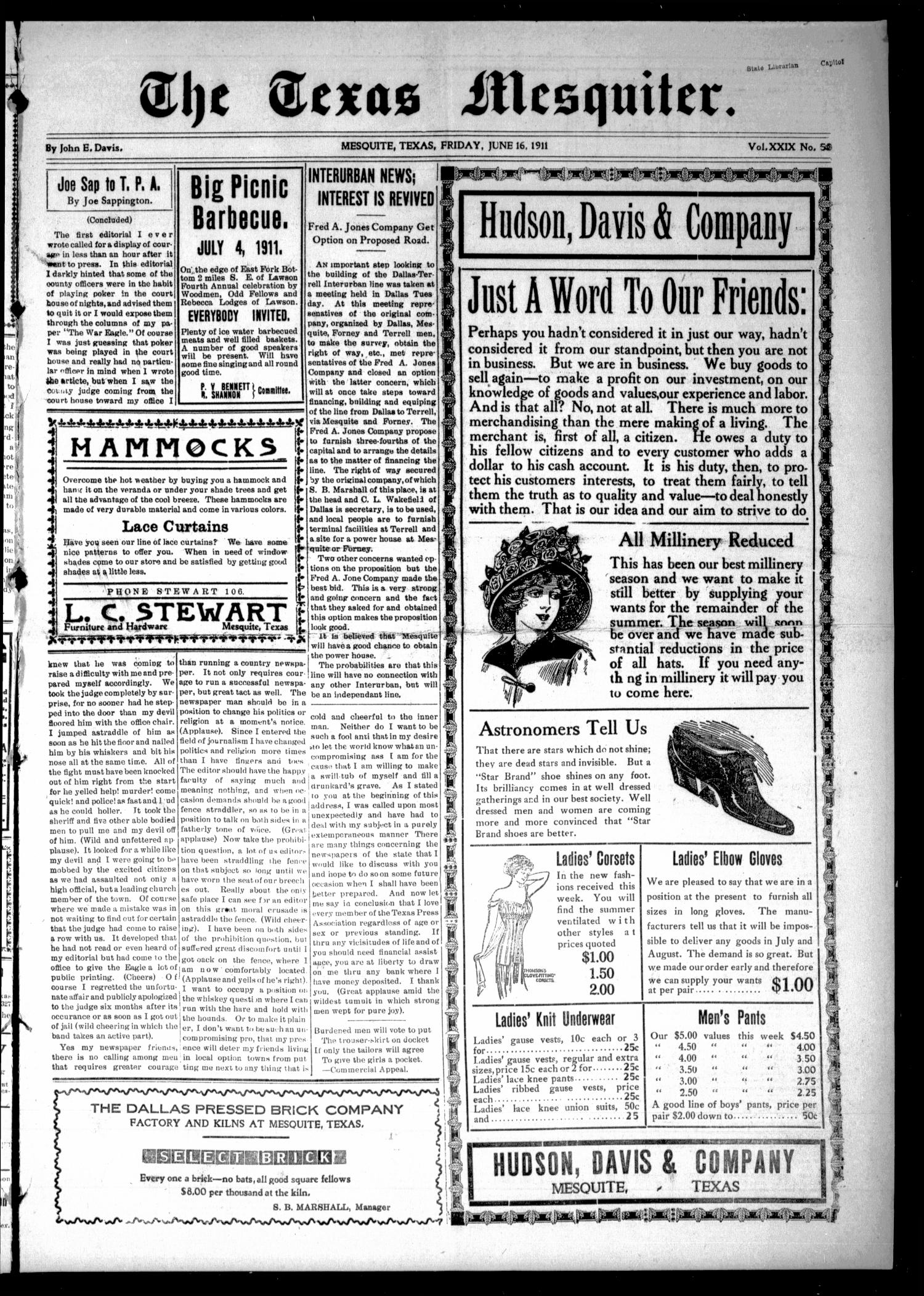The Texas Mesquiter. (Mesquite, Tex.), Vol. 29, No. 50, Ed. 1 Friday, June 16, 1911
                                                
                                                    [Sequence #]: 1 of 8
                                                