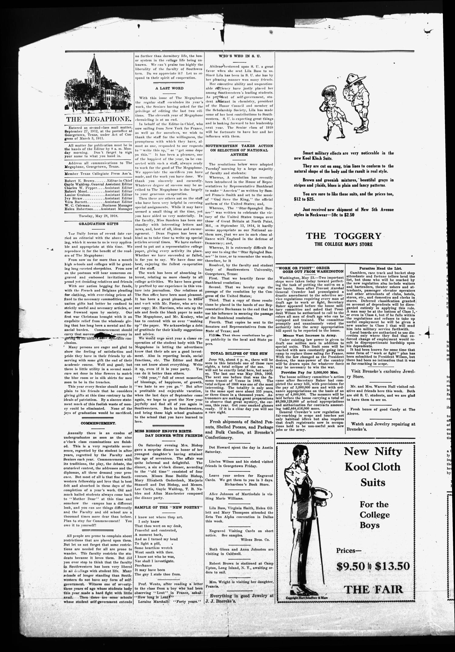 The Megaphone (Georgetown, Tex.), Vol. 11, No. 30, Ed. 1 Tuesday, May 28, 1918
                                                
                                                    [Sequence #]: 2 of 4
                                                