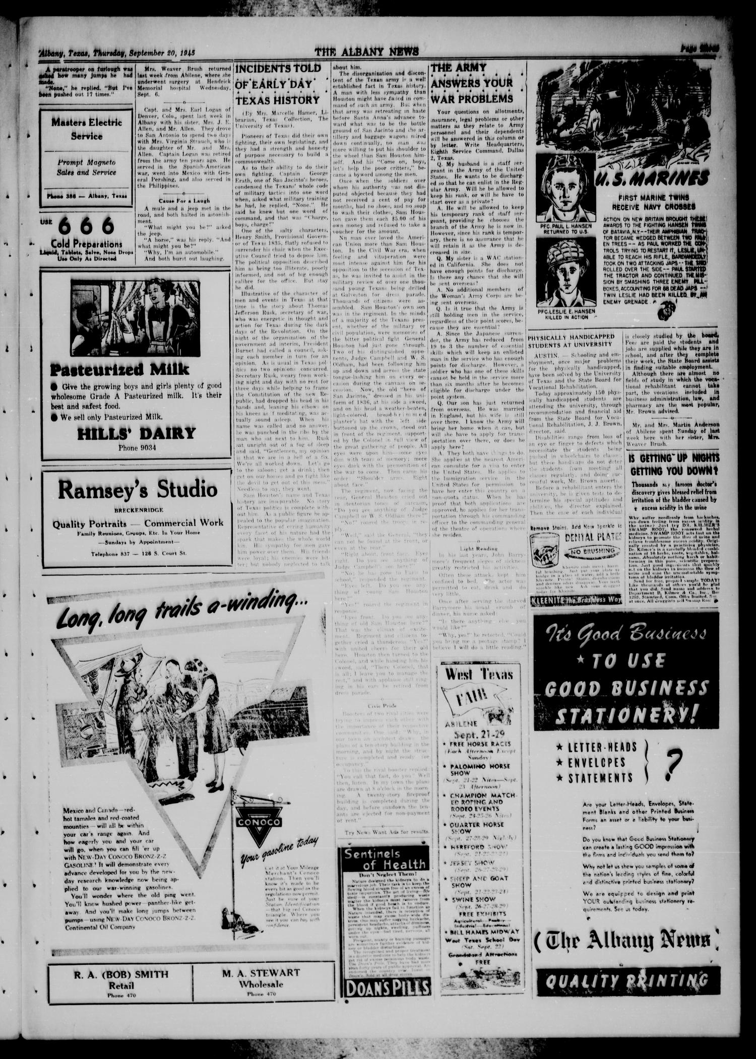 The Albany News (Albany, Tex.), Vol. 61, No. 49, Ed. 1 Thursday, September 20, 1945
                                                
                                                    [Sequence #]: 3 of 8
                                                