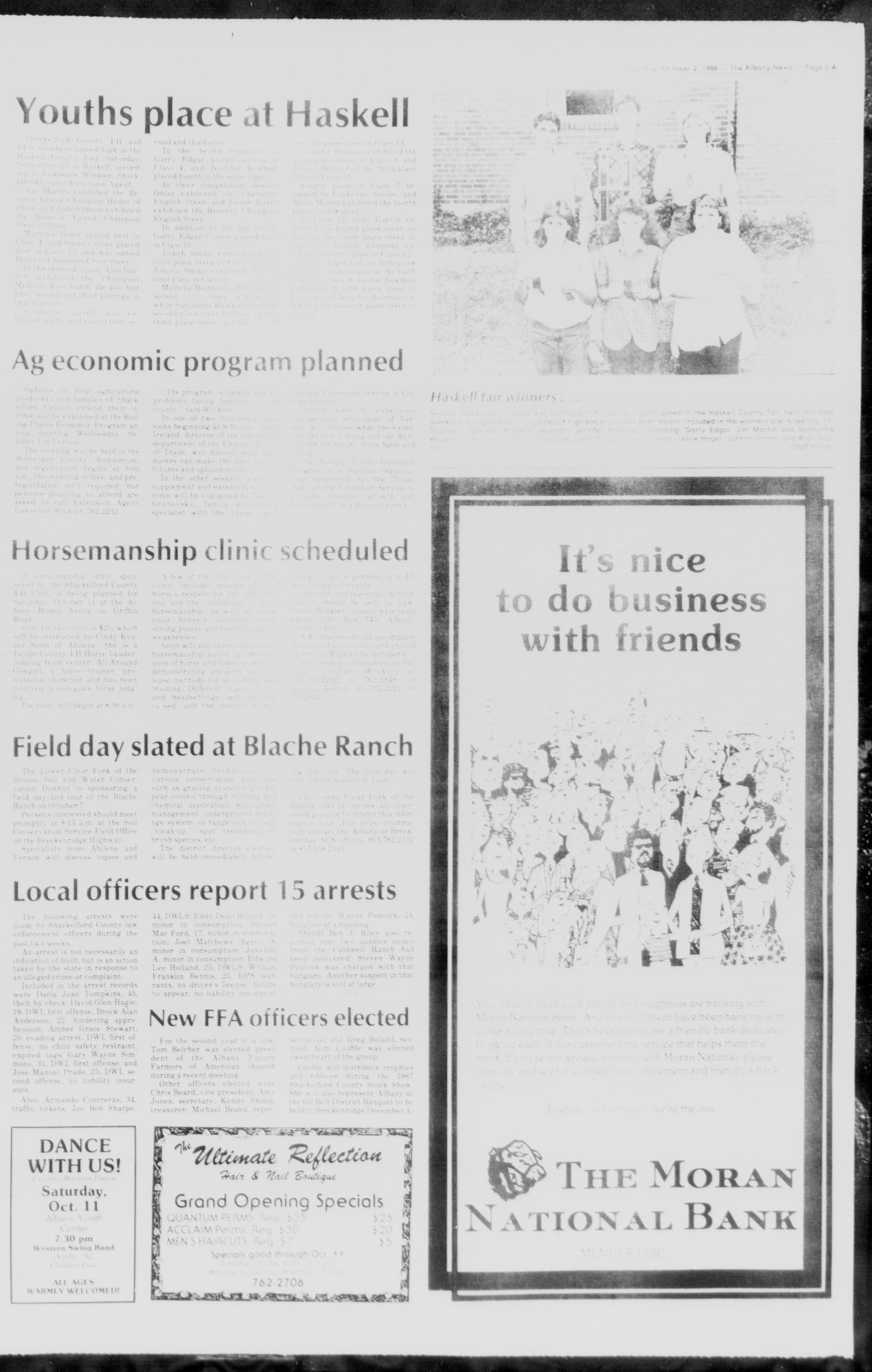 The Albany News (Albany, Tex.), Vol. 111, No. 16, Ed. 1 Thursday, October 2, 1986
                                                
                                                    [Sequence #]: 3 of 28
                                                