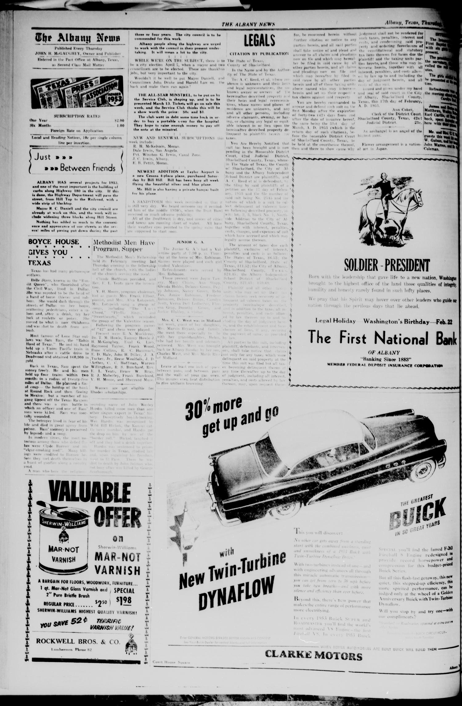 The Albany News (Albany, Tex.), Vol. 69, No. 22, Ed. 1 Thursday, February 19, 1953
                                                
                                                    [Sequence #]: 2 of 10
                                                