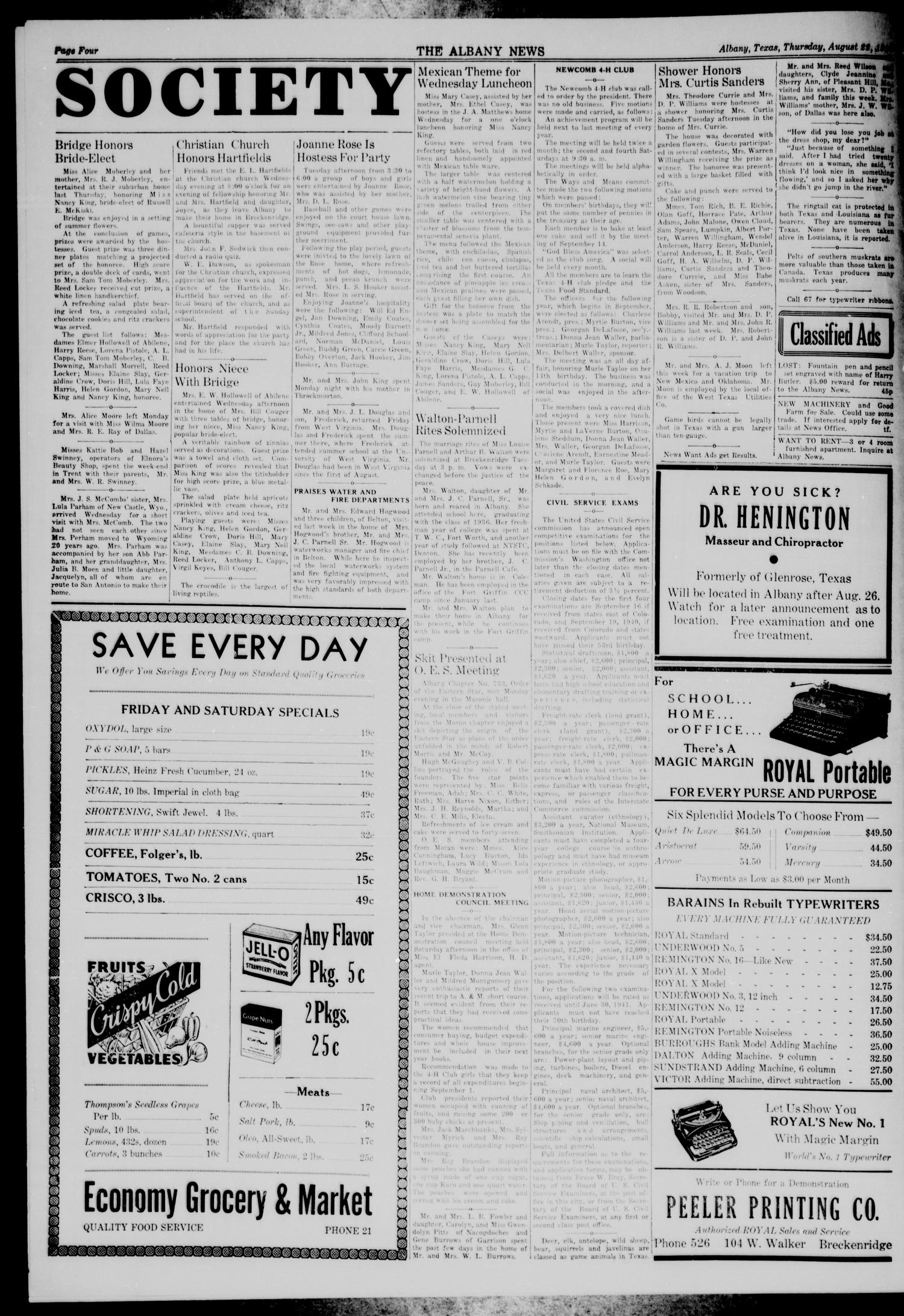 The Albany News (Albany, Tex.), Vol. 55, No. 45, Ed. 1 Thursday, August 22, 1940
                                                
                                                    [Sequence #]: 4 of 8
                                                