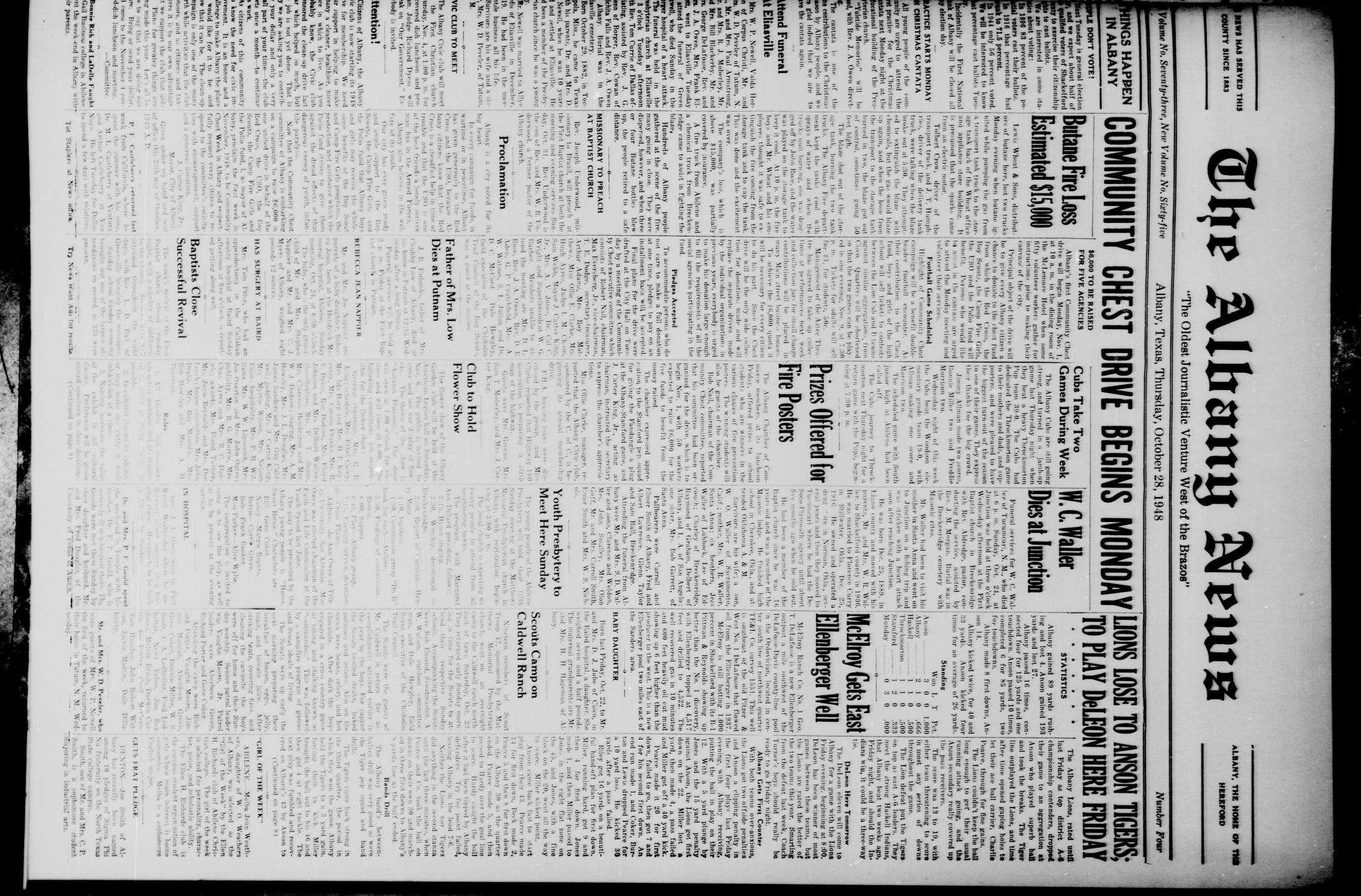 The Albany News (Albany, Tex.), Vol. 65, No. 4, Ed. 1 Thursday, October 28, 1948
                                                
                                                    [Sequence #]: 1 of 8
                                                