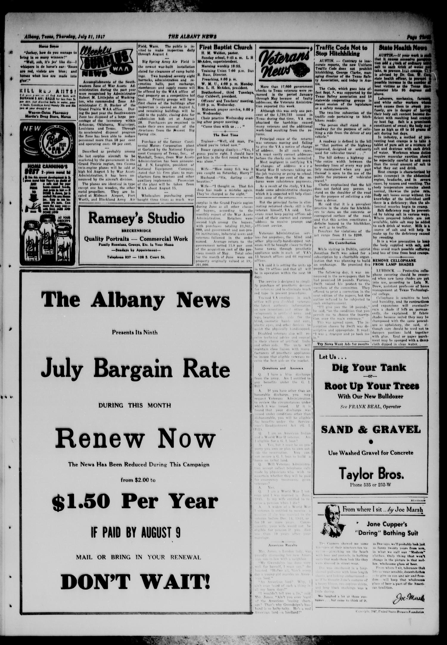 The Albany News (Albany, Tex.), Vol. 63, No. 42, Ed. 1 Thursday, July 31, 1947
                                                
                                                    [Sequence #]: 3 of 8
                                                