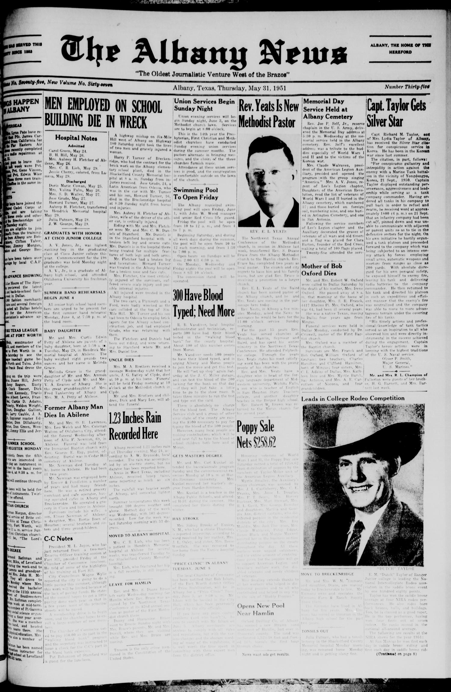 The Albany News (Albany, Tex.), Vol. 67, No. 35, Ed. 1 Thursday, May 31, 1951
                                                
                                                    [Sequence #]: 1 of 8
                                                