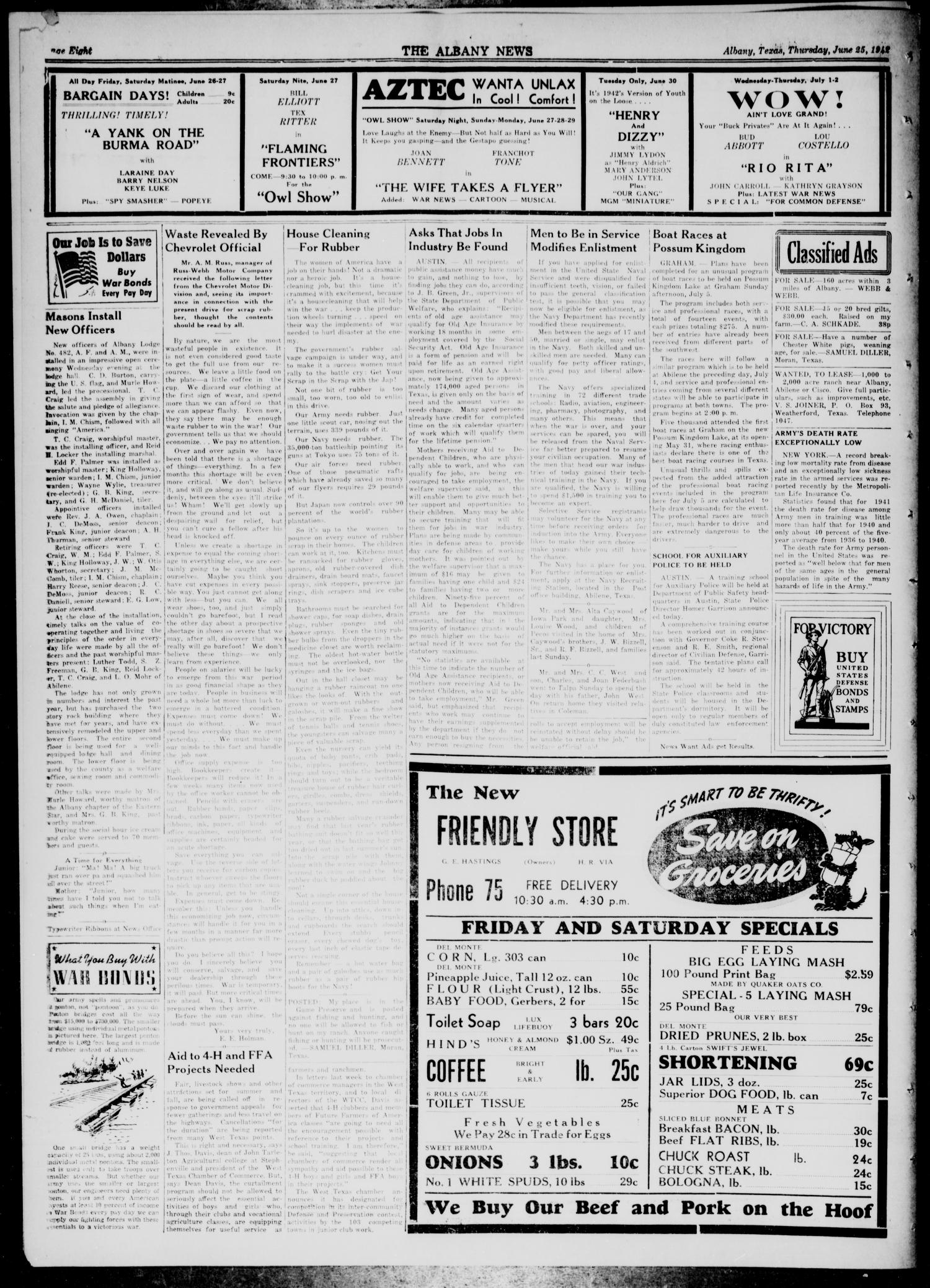 The Albany News (Albany, Tex.), Vol. 57, No. 37, Ed. 1 Thursday, June 25, 1942
                                                
                                                    [Sequence #]: 8 of 8
                                                