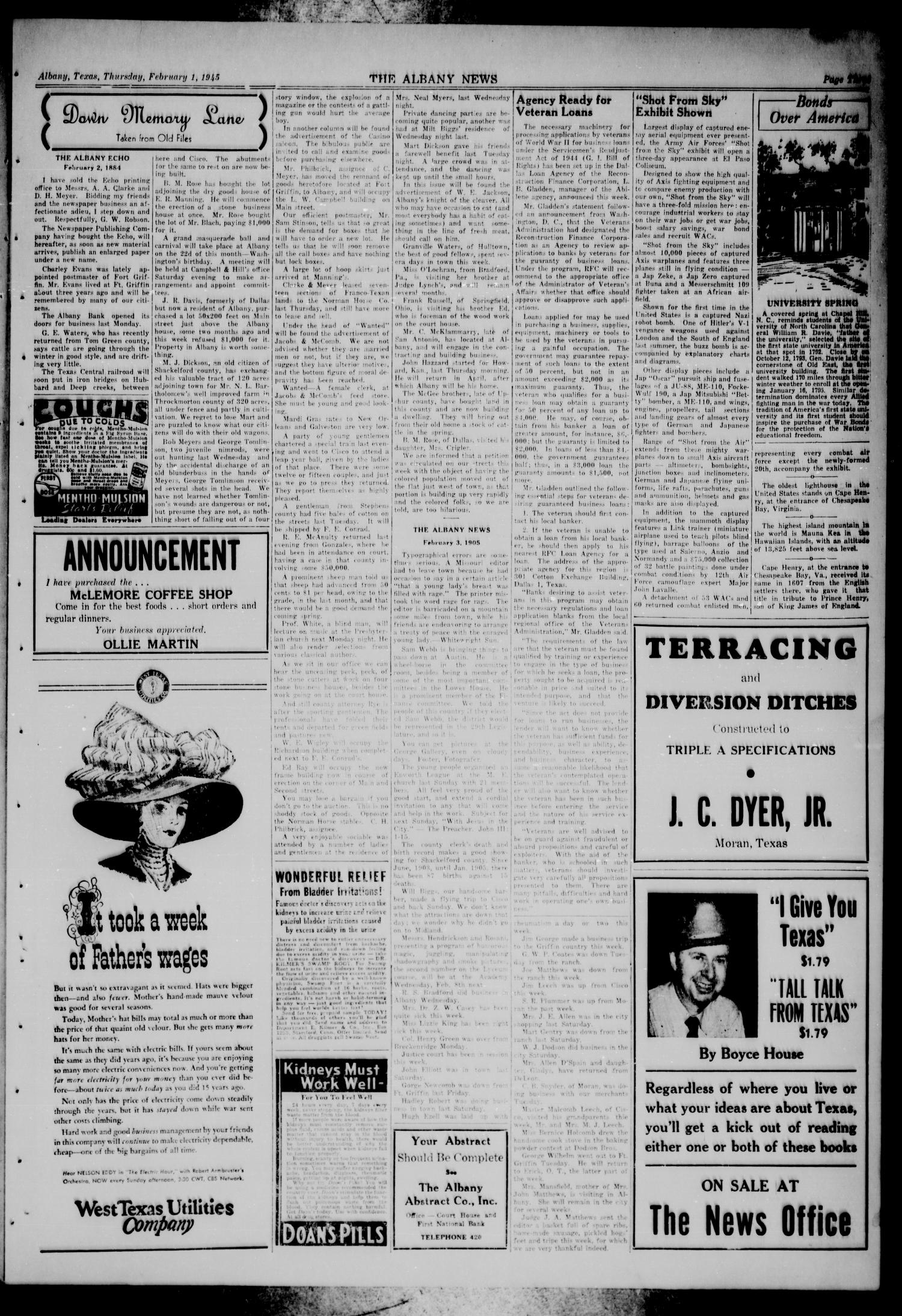 The Albany News (Albany, Tex.), Vol. 61, No. 16, Ed. 1 Thursday, February 1, 1945
                                                
                                                    [Sequence #]: 3 of 8
                                                