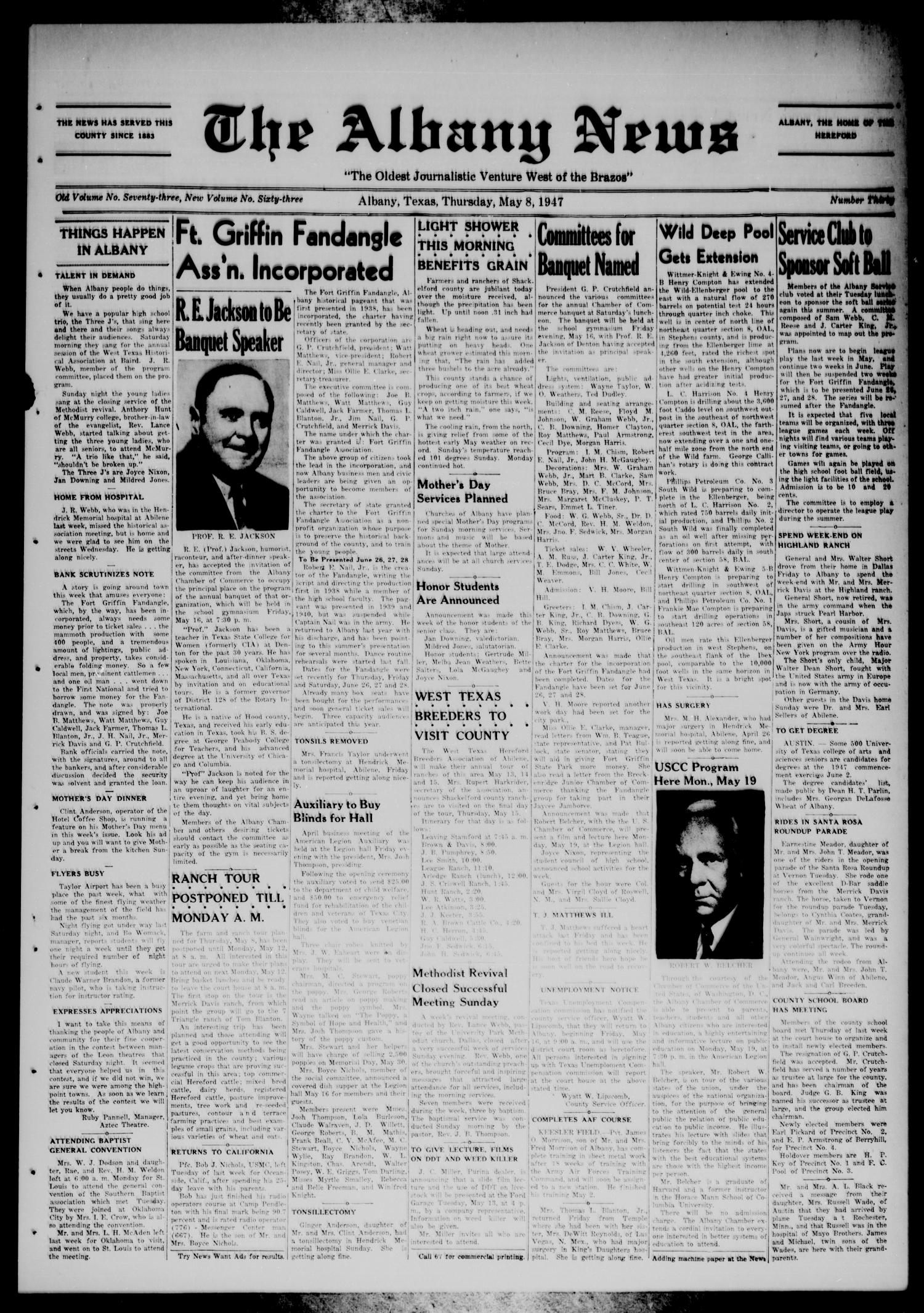 The Albany News (Albany, Tex.), Vol. 63, No. 30, Ed. 1 Thursday, May 8, 1947
                                                
                                                    [Sequence #]: 1 of 8
                                                