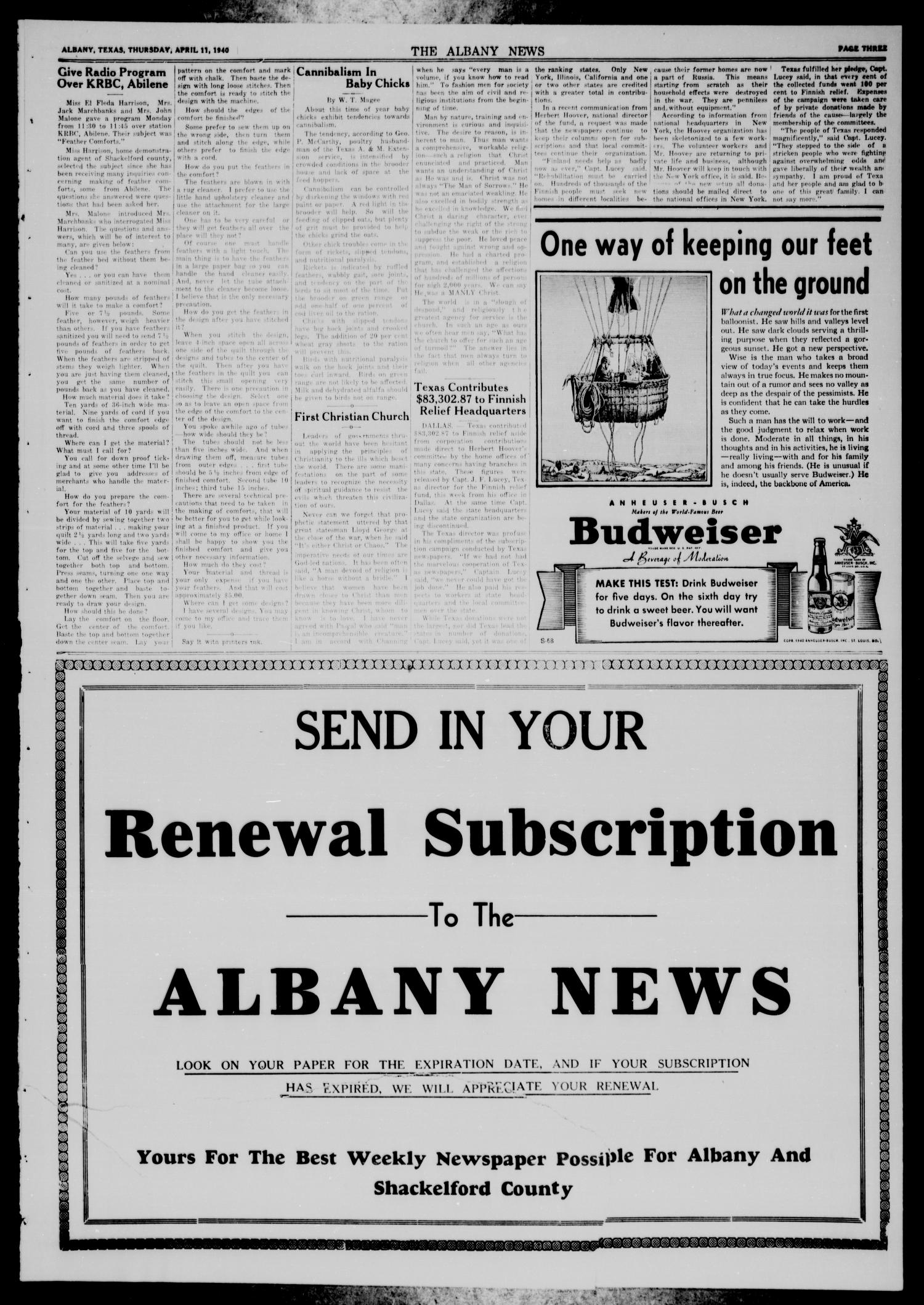 The Albany News (Albany, Tex.), Vol. 55, No. 26, Ed. 1 Thursday, April 11, 1940
                                                
                                                    [Sequence #]: 3 of 8
                                                