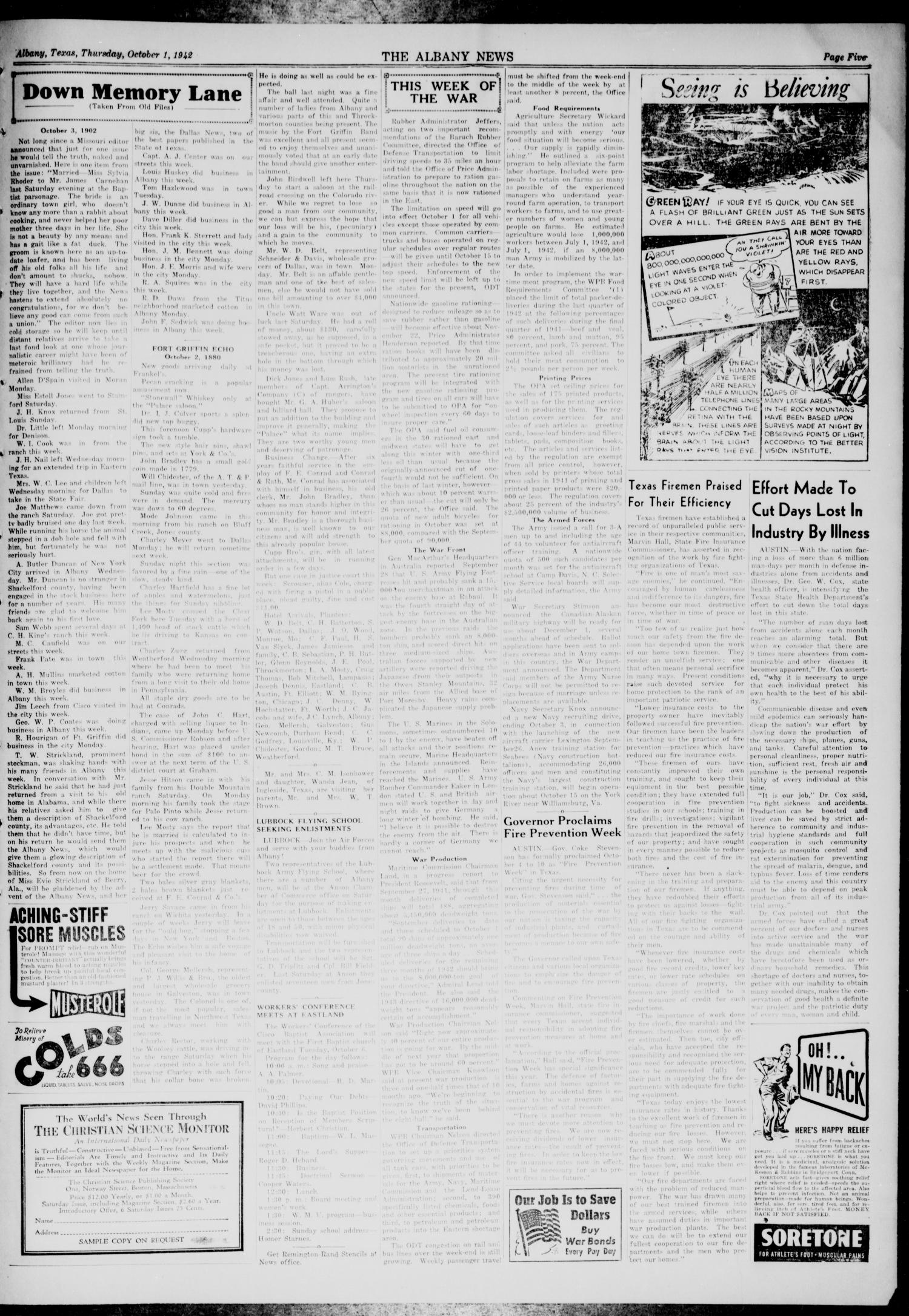 The Albany News (Albany, Tex.), Vol. 57, No. 51, Ed. 1 Thursday, October 1, 1942
                                                
                                                    [Sequence #]: 5 of 8
                                                
