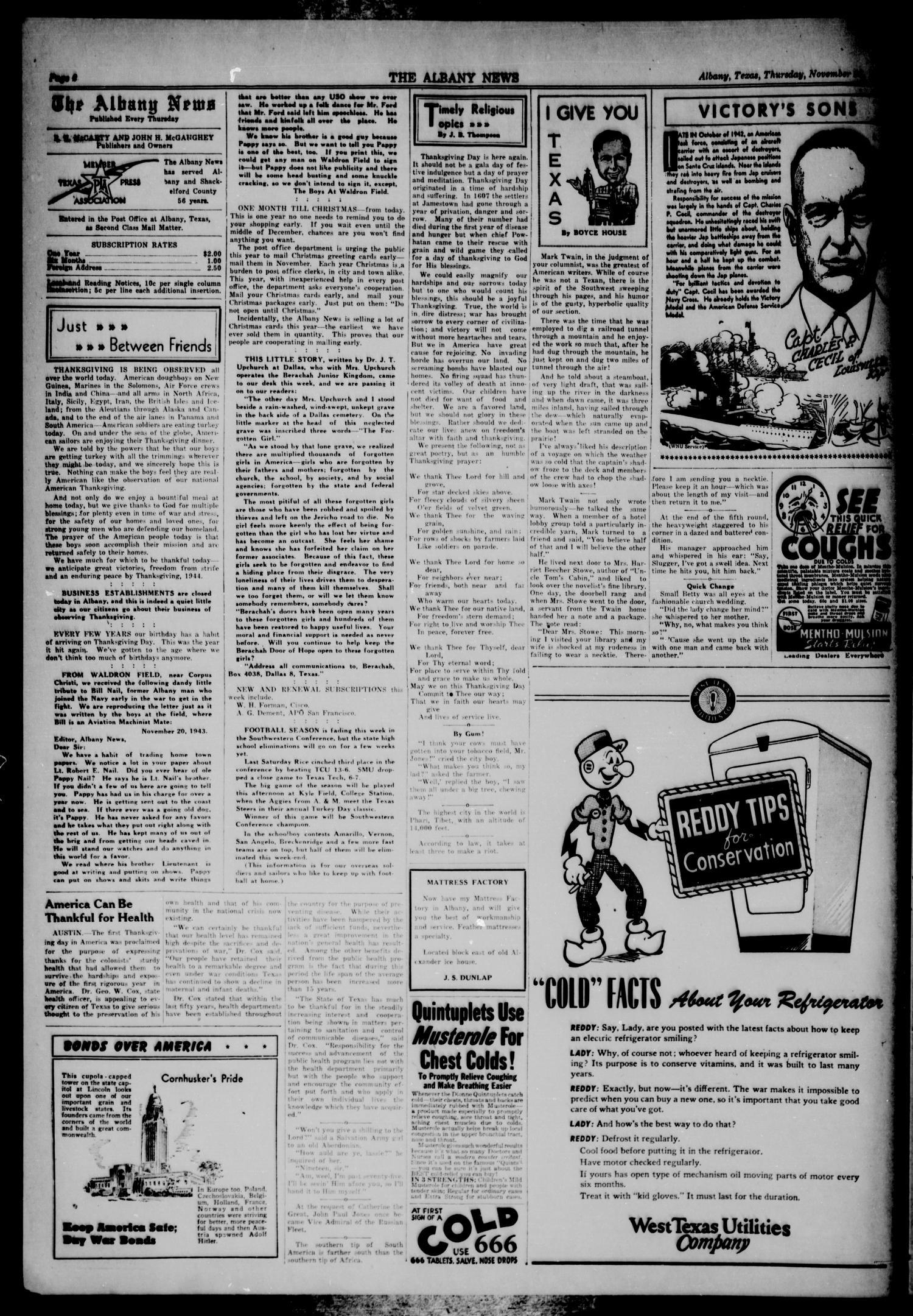 The Albany News (Albany, Tex.), Vol. 60, No. 6, Ed. 1 Thursday, November 25, 1943
                                                
                                                    [Sequence #]: 2 of 8
                                                