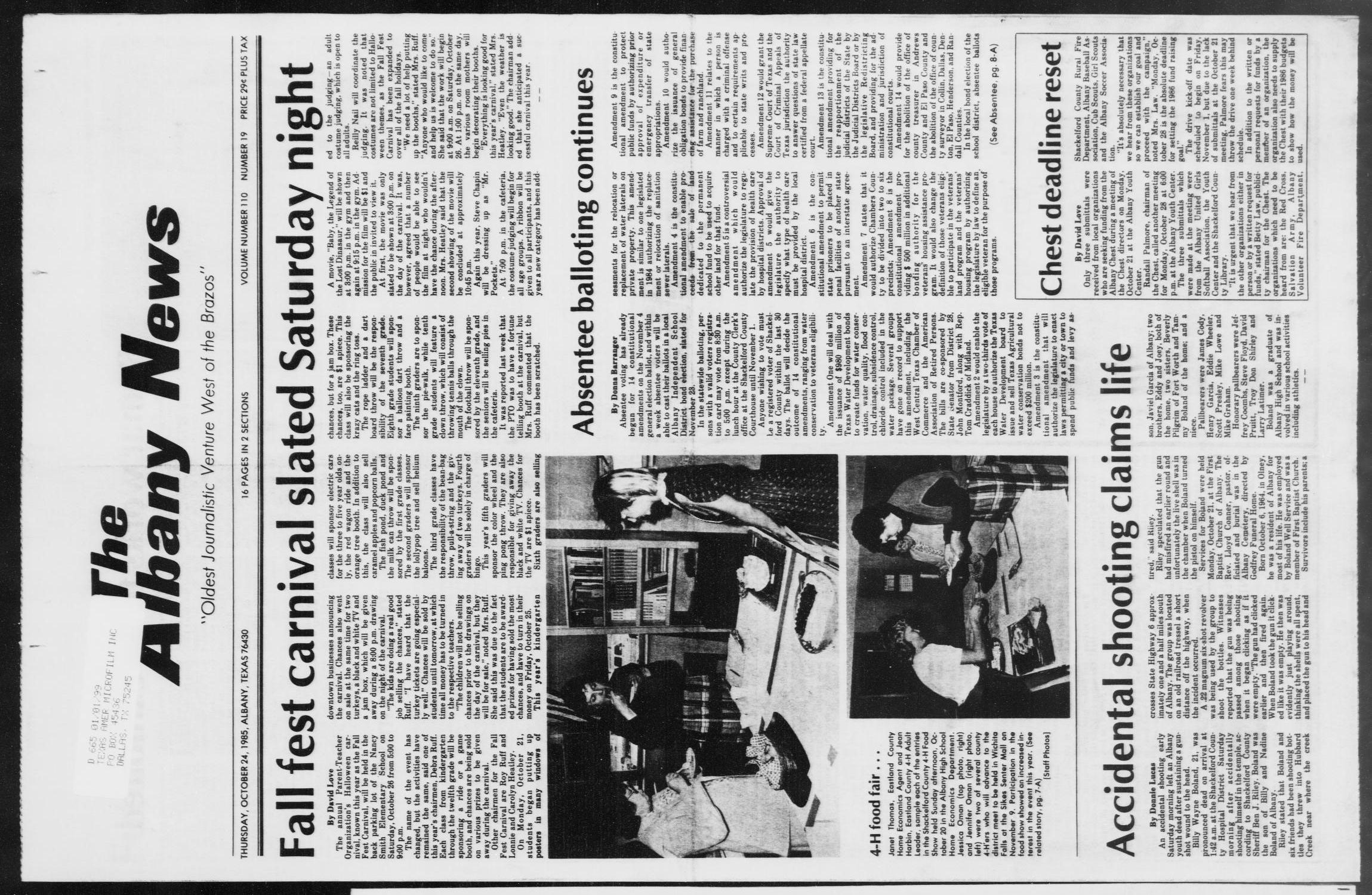 The Albany News (Albany, Tex.), Vol. 110, No. 19, Ed. 1 Thursday, October 24, 1985
                                                
                                                    [Sequence #]: 1 of 32
                                                