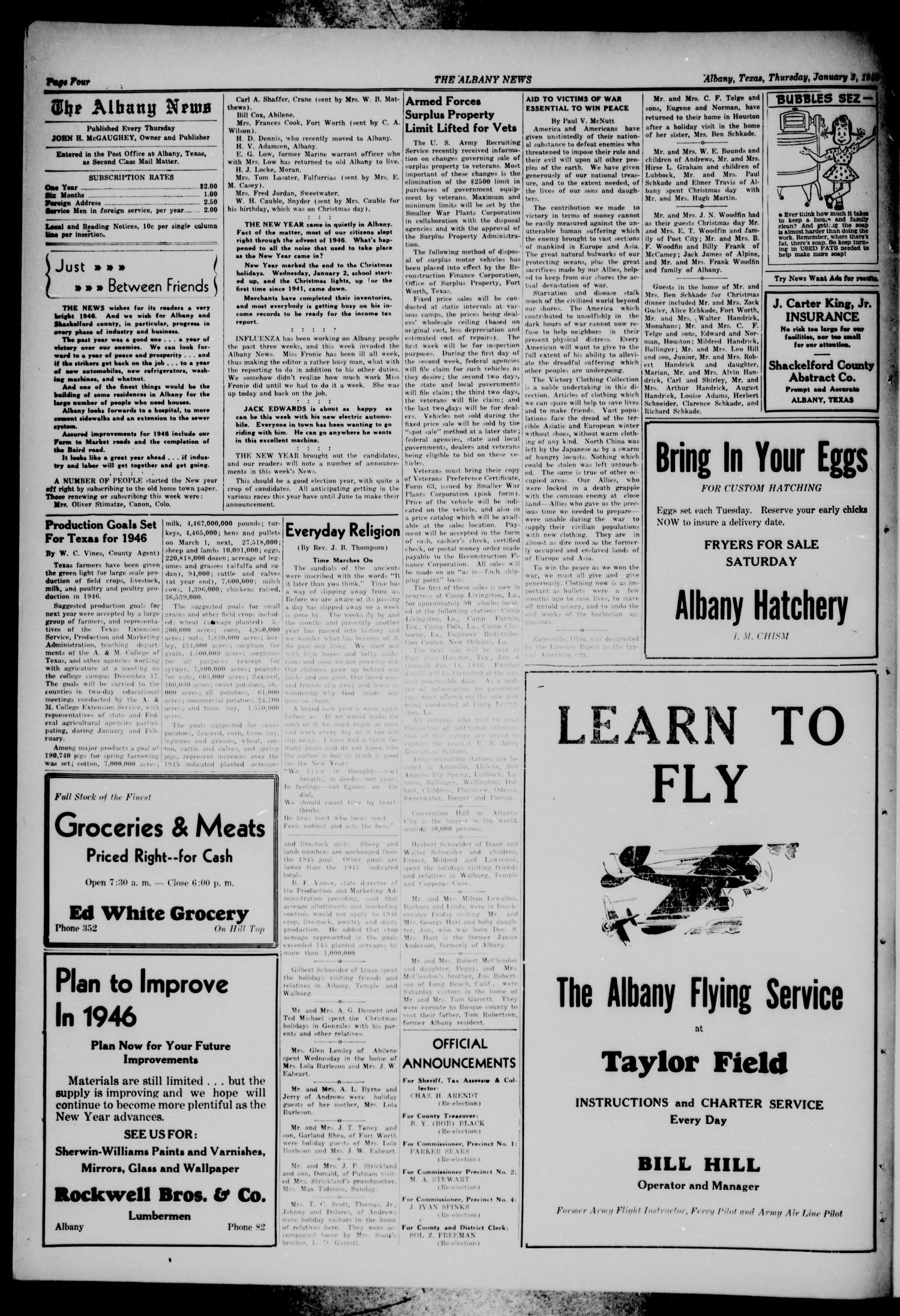 The Albany News (Albany, Tex.), Vol. 62, No. 12, Ed. 1 Thursday, January 3, 1946
                                                
                                                    [Sequence #]: 4 of 8
                                                