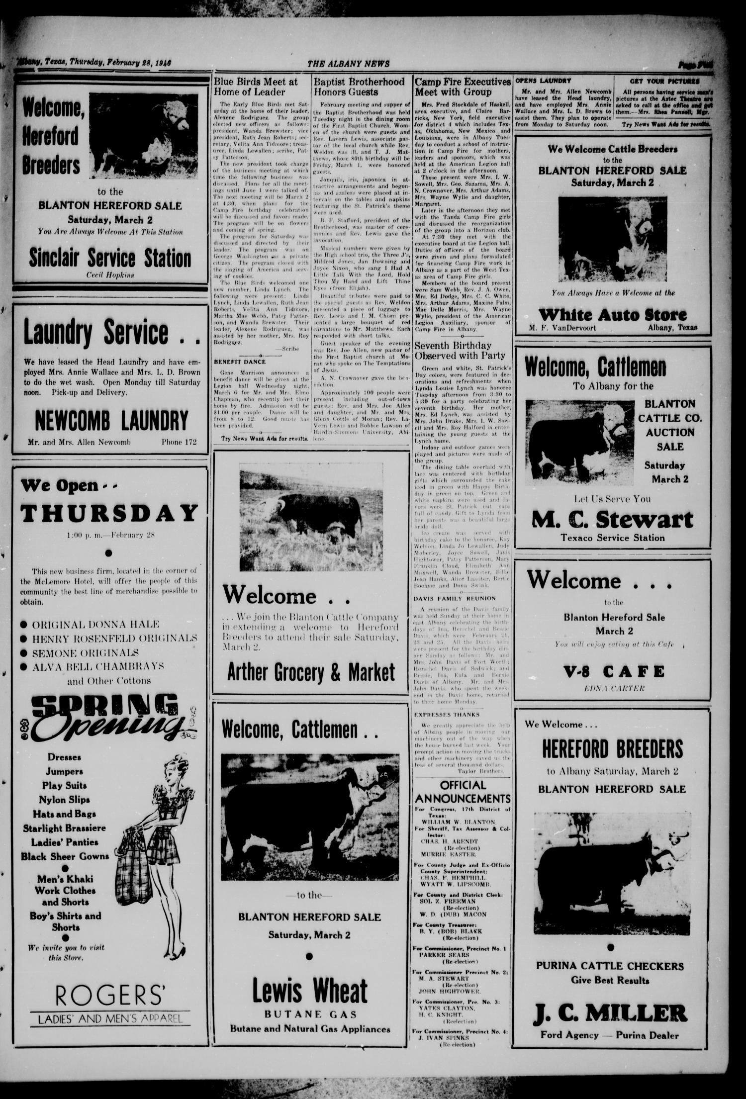 The Albany News (Albany, Tex.), Vol. 62, No. 20, Ed. 1 Thursday, February 28, 1946
                                                
                                                    [Sequence #]: 5 of 8
                                                