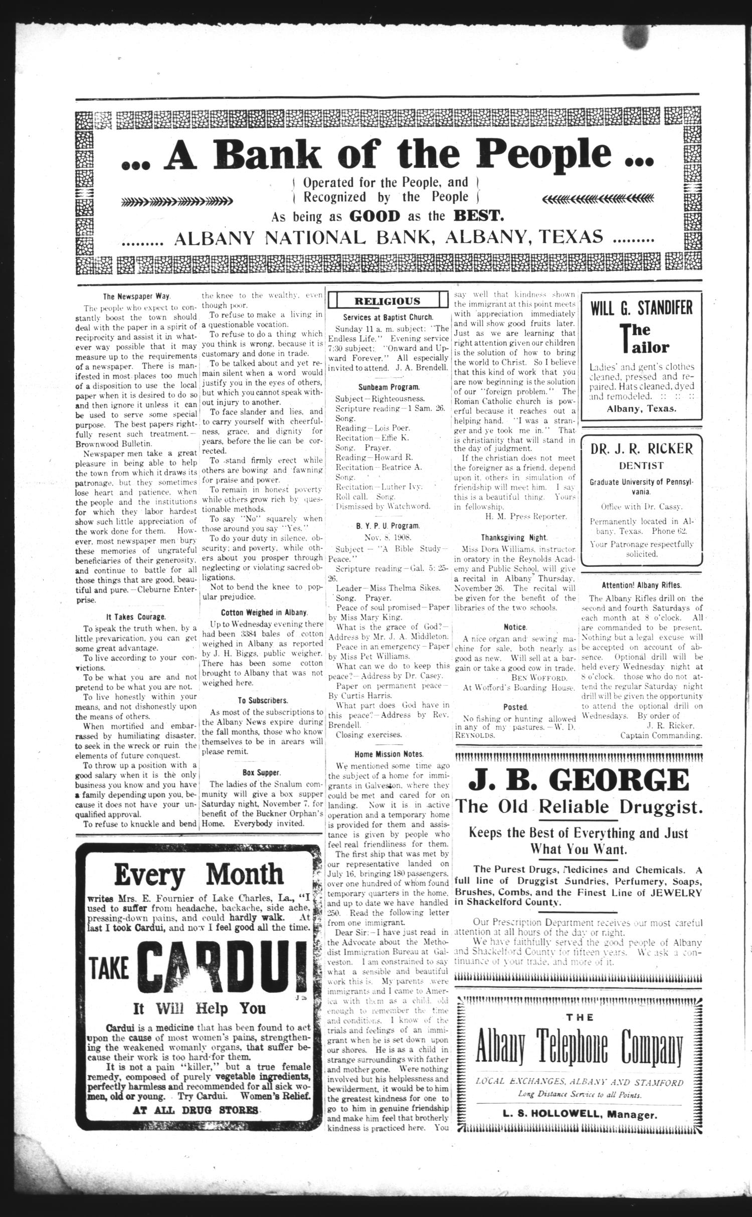 The Albany News. (Albany, Tex.), Vol. 25, No. 25, Ed. 1 Friday, November 6, 1908
                                                
                                                    [Sequence #]: 2 of 8
                                                