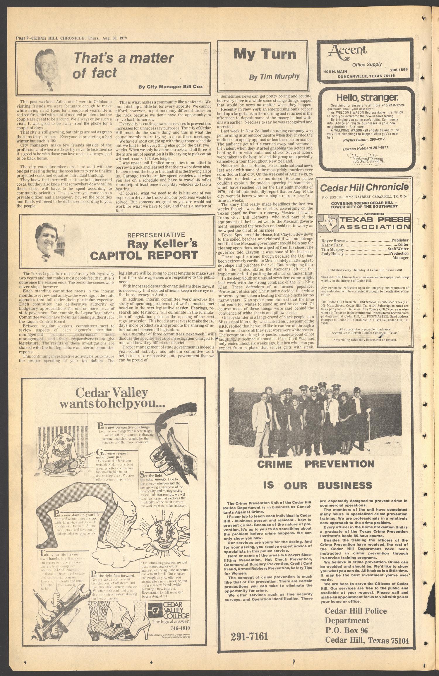 Cedar Hill Chronicle (Cedar Hill, Tex.), Vol. 15, No. 52, Ed. 1 Thursday, August 30, 1979
                                                
                                                    [Sequence #]: 2 of 18
                                                