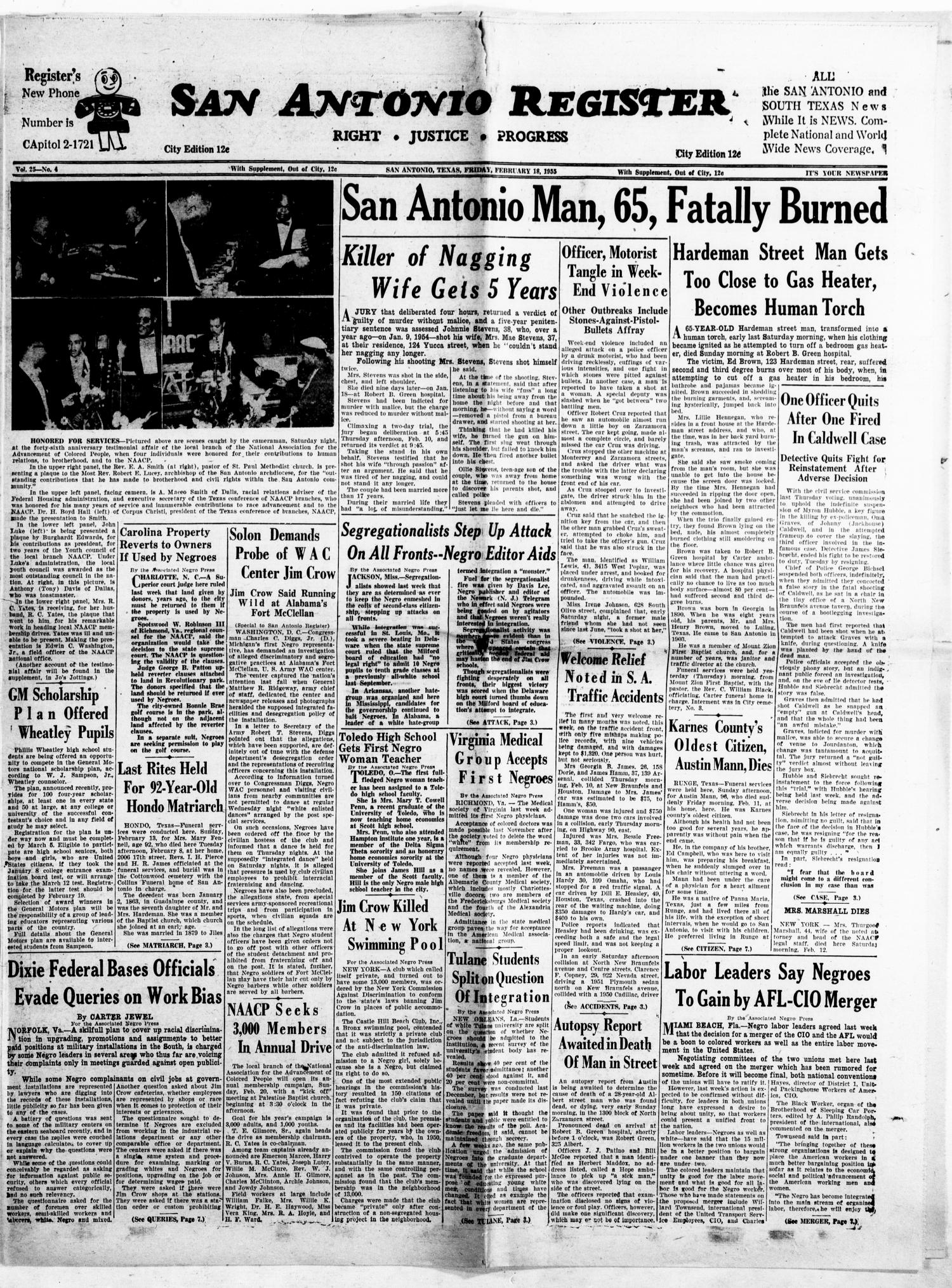 San Antonio Register (San Antonio, Tex.), Vol. 25, No. 4, Ed. 1 Friday, February 18, 1955
                                                
                                                    [Sequence #]: 1 of 12
                                                