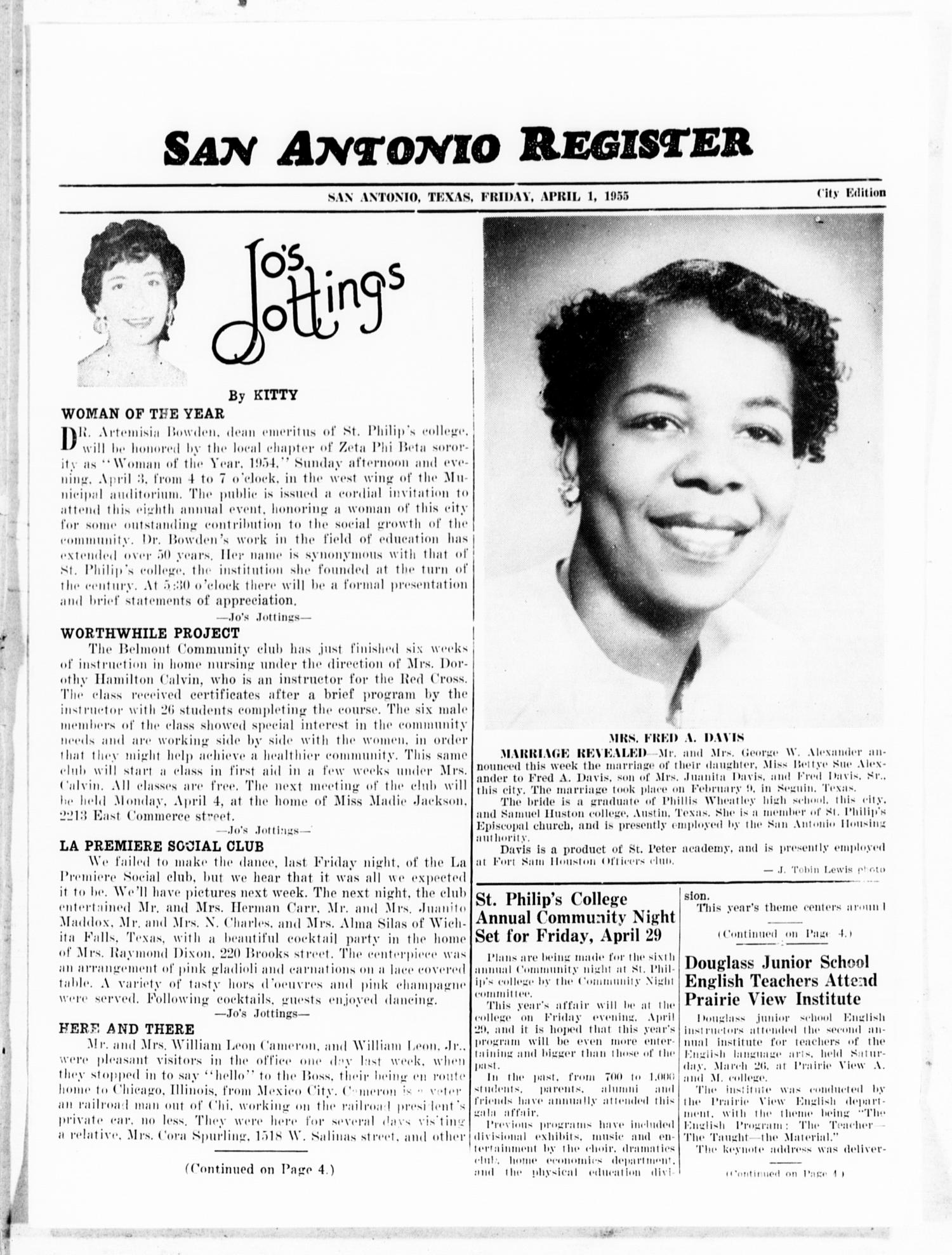San Antonio Register (San Antonio, Tex.), Vol. 25, No. 9, Ed. 1 Friday, April 1, 1955
                                                
                                                    [Sequence #]: 9 of 12
                                                