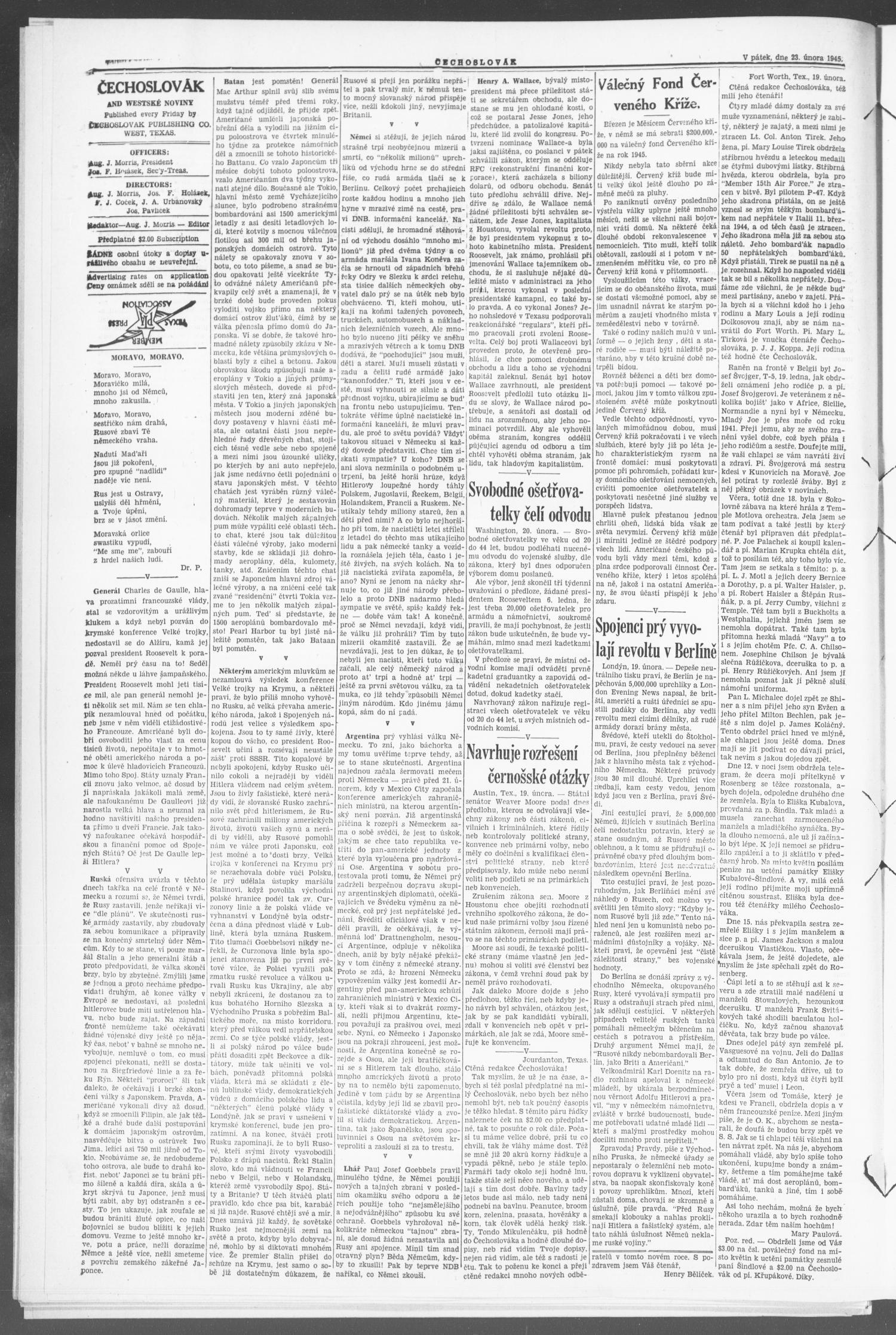 Čechoslovák and Westske Noviny (West, Tex.), Vol. 34, No. 8, Ed. 1 Friday, February 23, 1945
                                                
                                                    [Sequence #]: 4 of 8
                                                