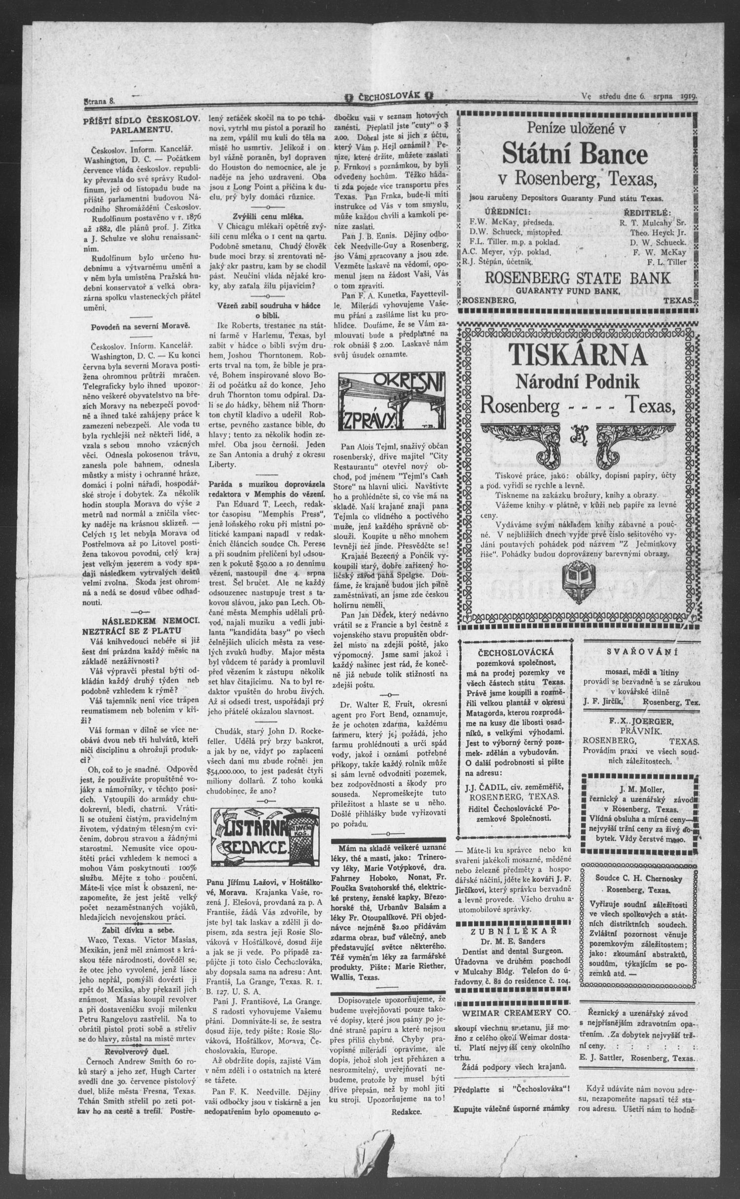 Čechoslovák  (Rosenberg, Tex.), Vol. 2, No. 44, Ed. 1 Wednesday, August 6, 1919
                                                
                                                    [Sequence #]: 4 of 4
                                                