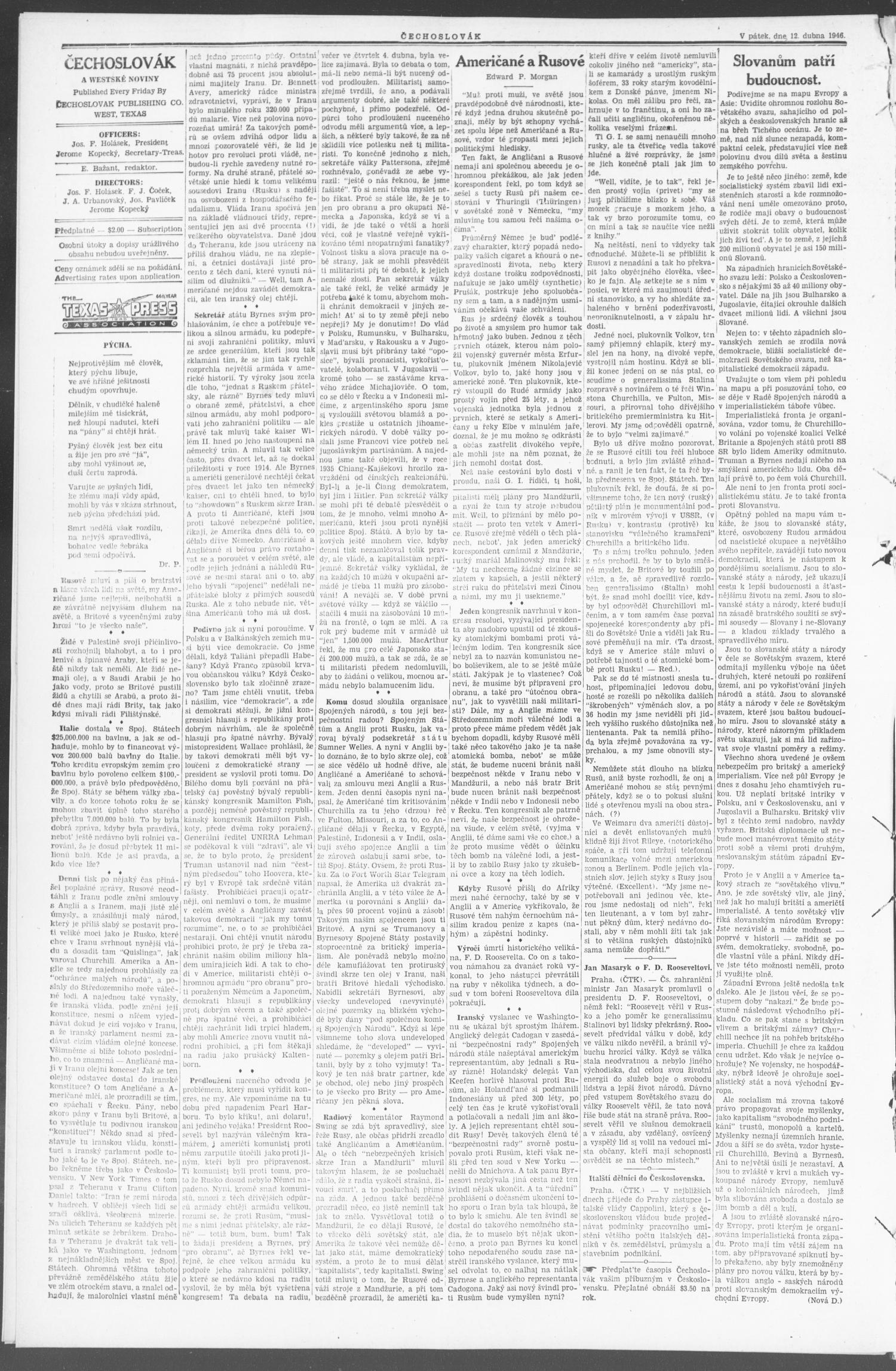 Čechoslovák and Westske Noviny (West, Tex.), Vol. 35, No. 15, Ed. 1 Friday, April 12, 1946
                                                
                                                    [Sequence #]: 2 of 10
                                                