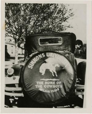 Primary view of object titled '[Photograph of Simmons College Tire Cover]'.